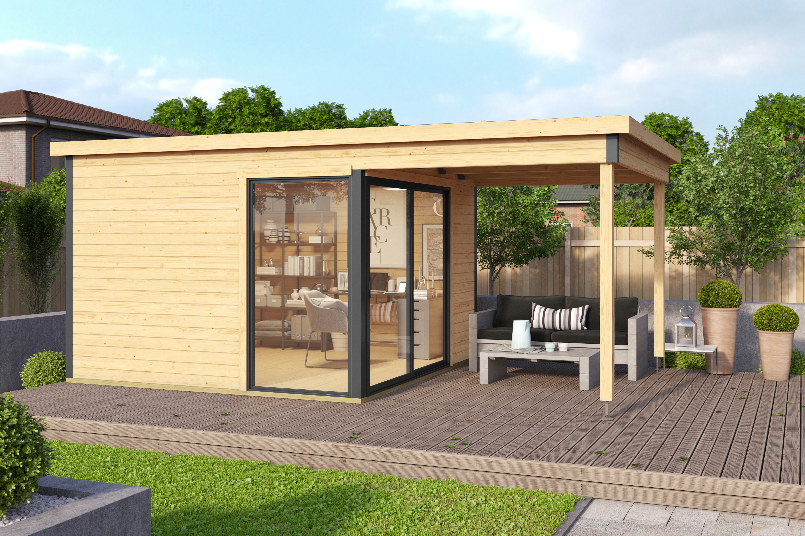 Gartenhaus LASITA MAJA "Domeo 2, anthrazit", beige (naturbelassen), Fußboden im Gartenhaus, ohne Rück- und Seitenwand, Massivholzdach, Holzwerkstoff, Gartenhäuser, mit Dachverlängerung Image