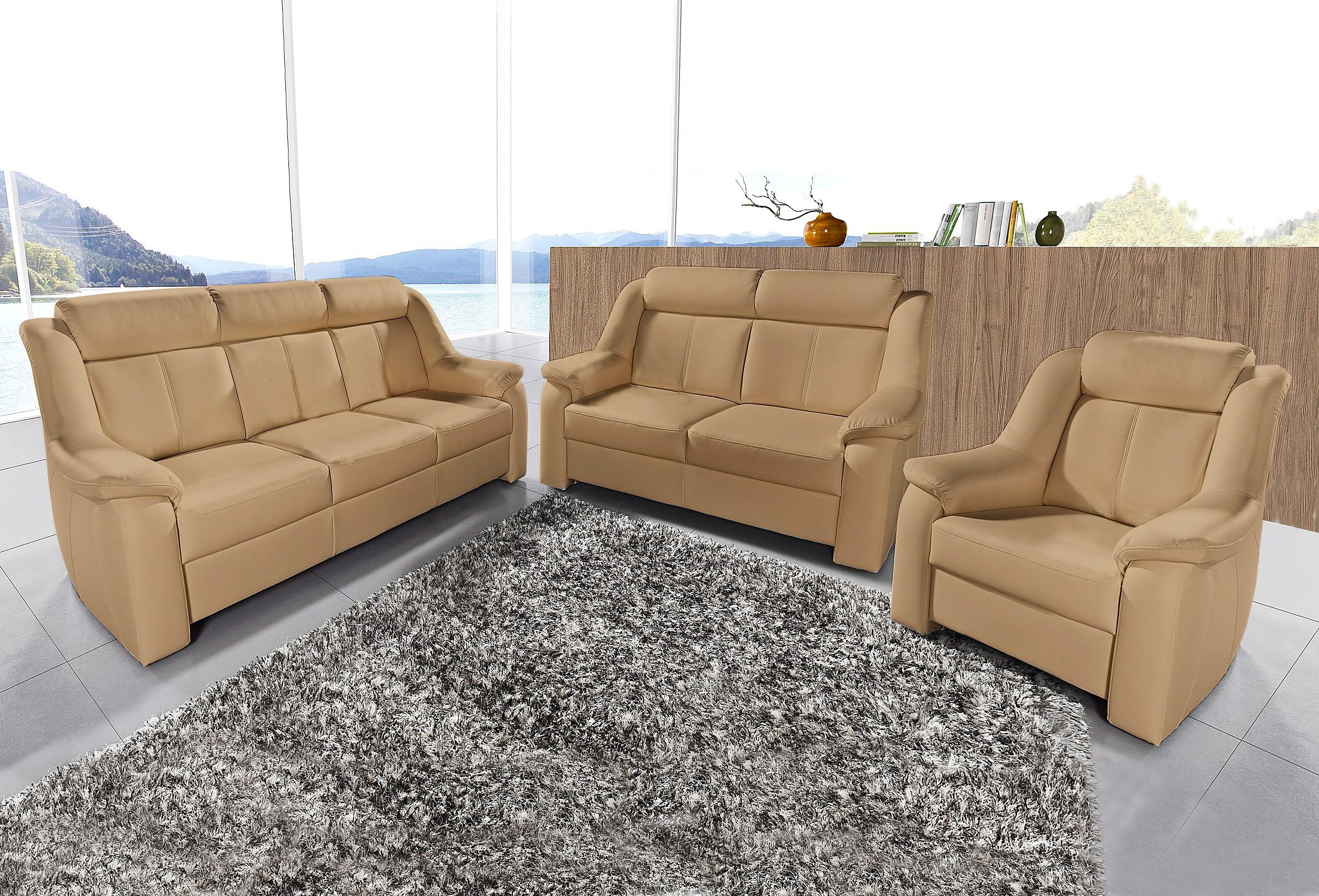 Polstergarnitur SIT & MORE "Basel", braun (cappuccino,), Kunstleder NaturLEDER, Sitzmöbel-Sets, Set, bestehend aus 3-Sitzer + 2-Sitzer + Sessel