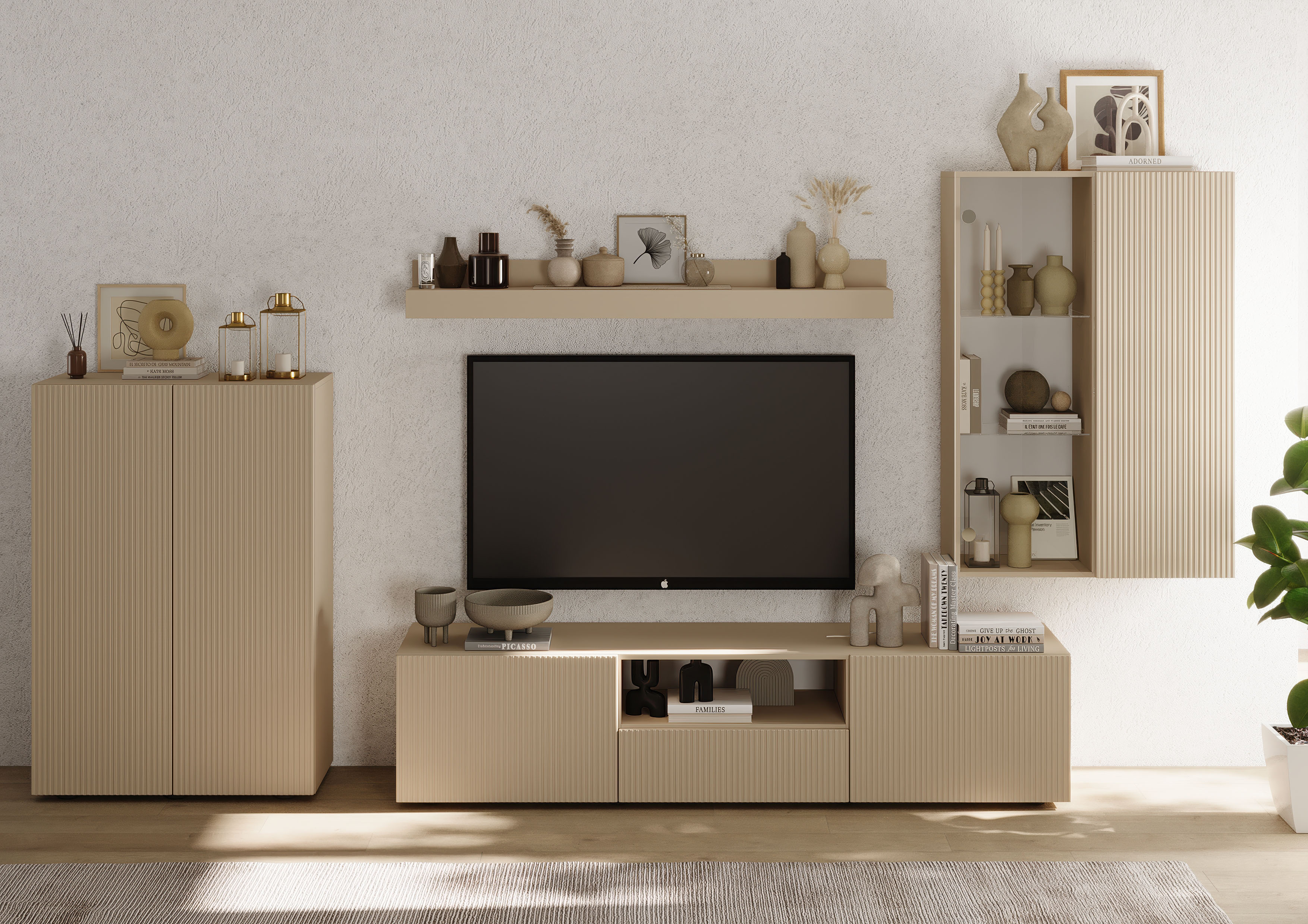 Wohnwand INOSIGN "Rio, 4tlg. Breite 300 cm, modernes, elegantes Wohnzimmer-Set", cashmere, front mit geriffelter struktur, B:300cm H:200cm T:42cm, Holzwerkstoff, Kastenmöbel-Sets, (Lowboard, Highboard, Hängevitrine, Wandboard), MDF-Fronten geriffelt