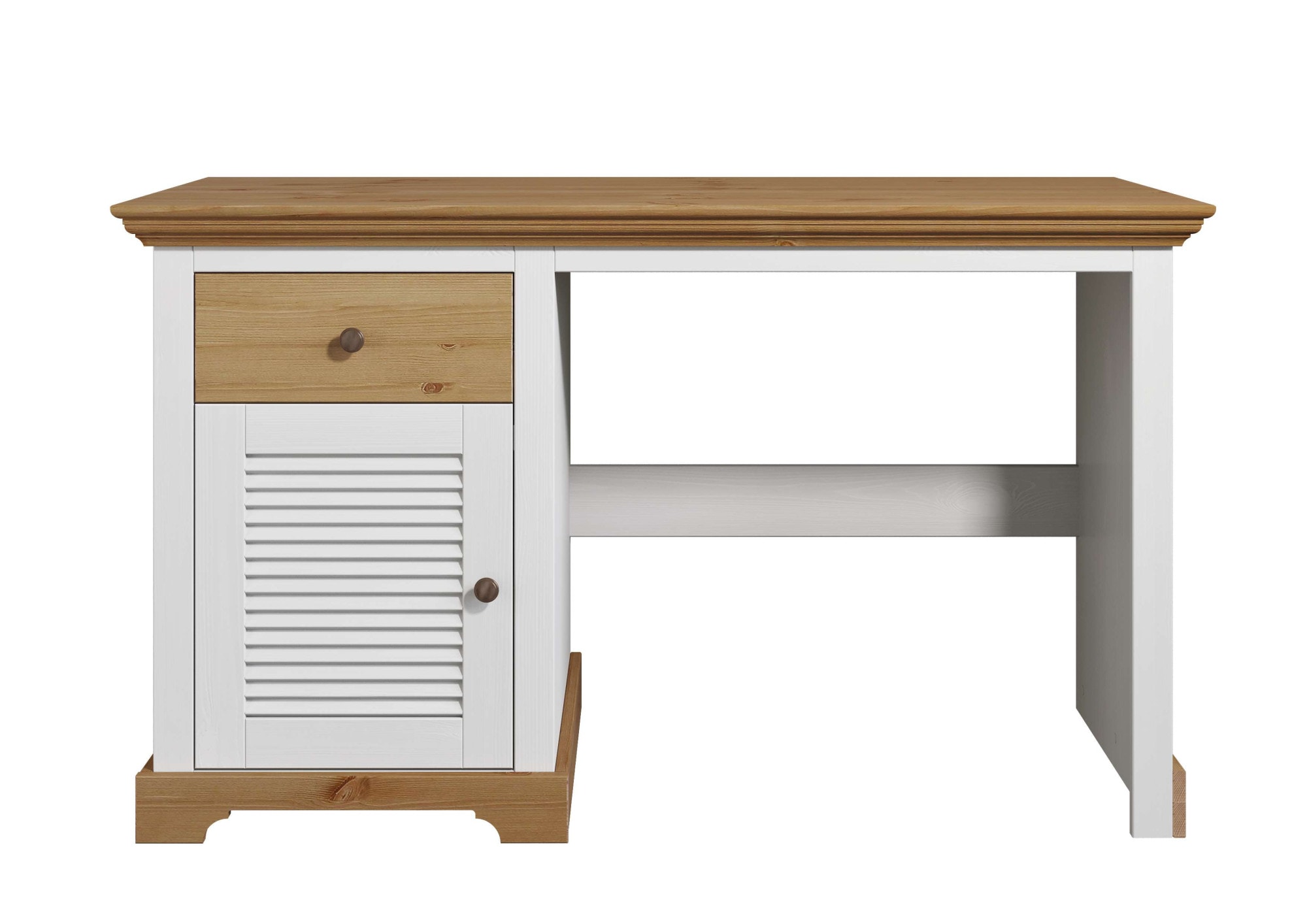 Schreibtisch HOME AFFAIRE "Ayanna", weiß (weiß, honig, weiß, honig), B:130cm H:76cm T:50cm, Tische, Schreibtisch, Massivholz, mit Schublade und Tür, Lamellenfront, Breite 130 cm