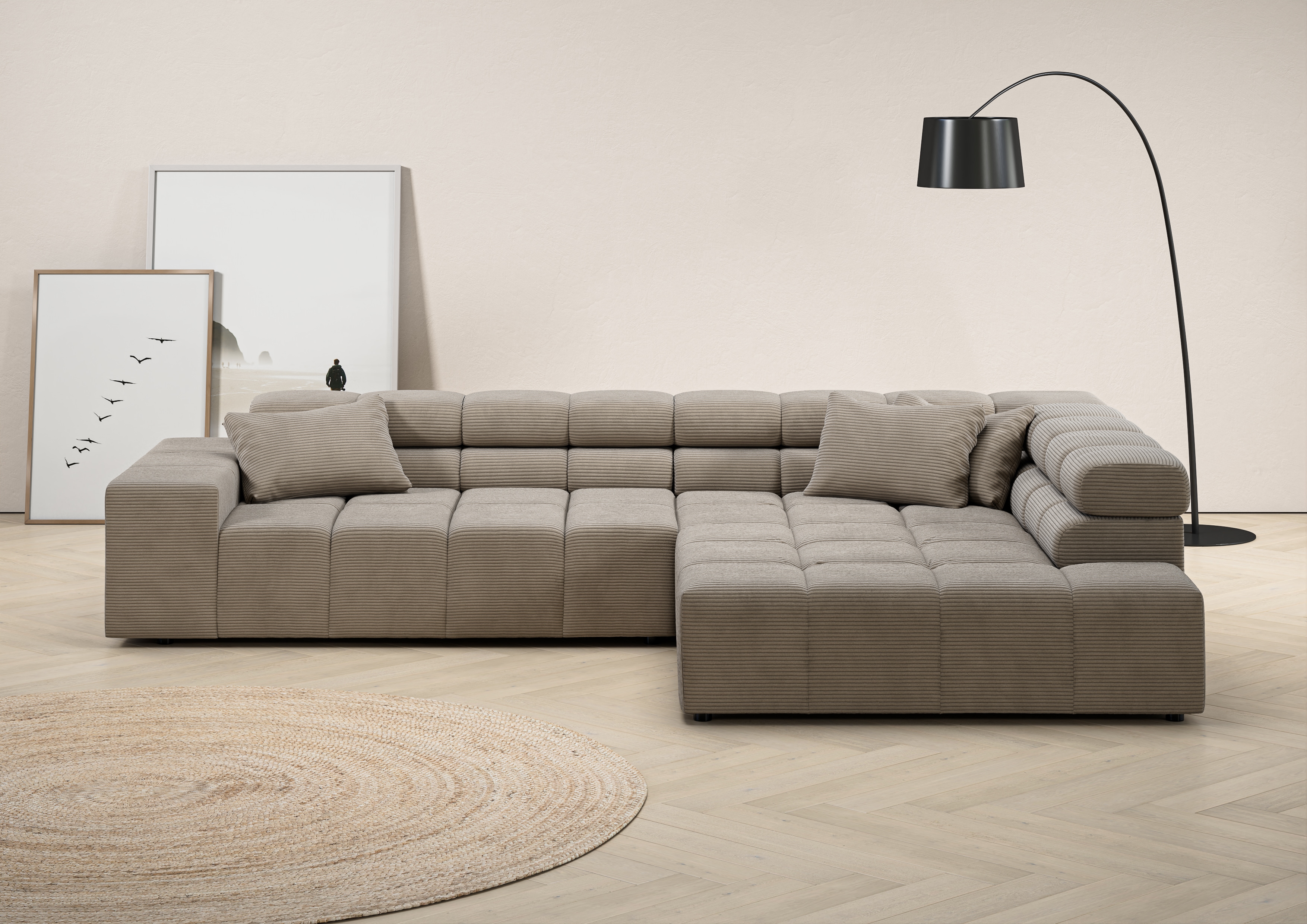 Ecksofa HOME AFFAIRE "Ancona incl. Kopfteilverstellung, OTTOs Choice, Breite 319cm, L-Form", grau (taupe), B:319cm H:70cm T:215cm, Struktur (85% Polyester, 15% Viskose);Luxus-Microfaser weich (98% Polyester, 2% Nylon);Velours (100% Polyester),...