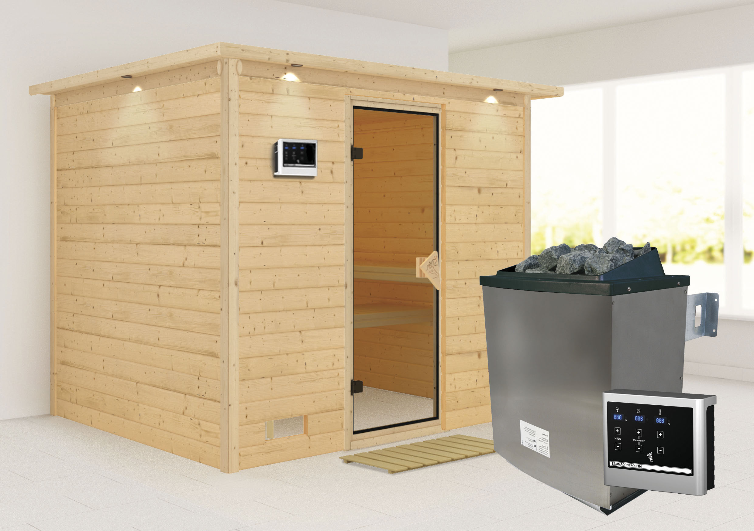 Sauna KARIBU "Soraja", beige (naturbelassen), Saunaofen, externe Steuerung, 9, Saunen, 9-kW-Ofen mit externer Steuerung Image