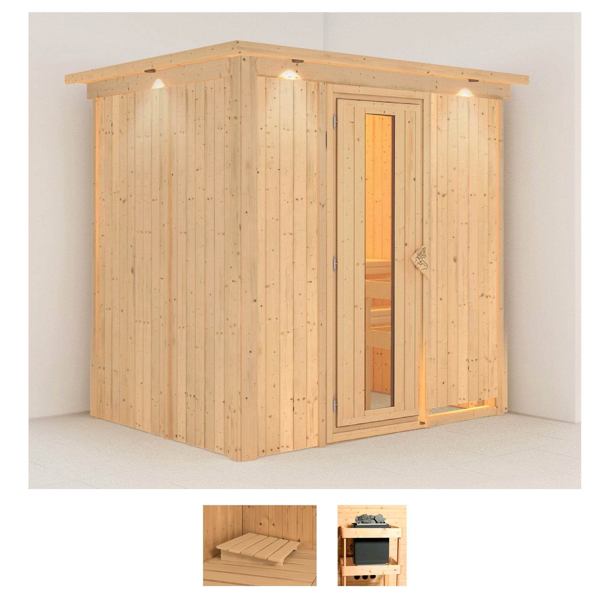Sauna KARIBU "Bedine", beige (naturbelassen), ohne Ofen, (ohne Ofen), Saunen, ohne Ofen