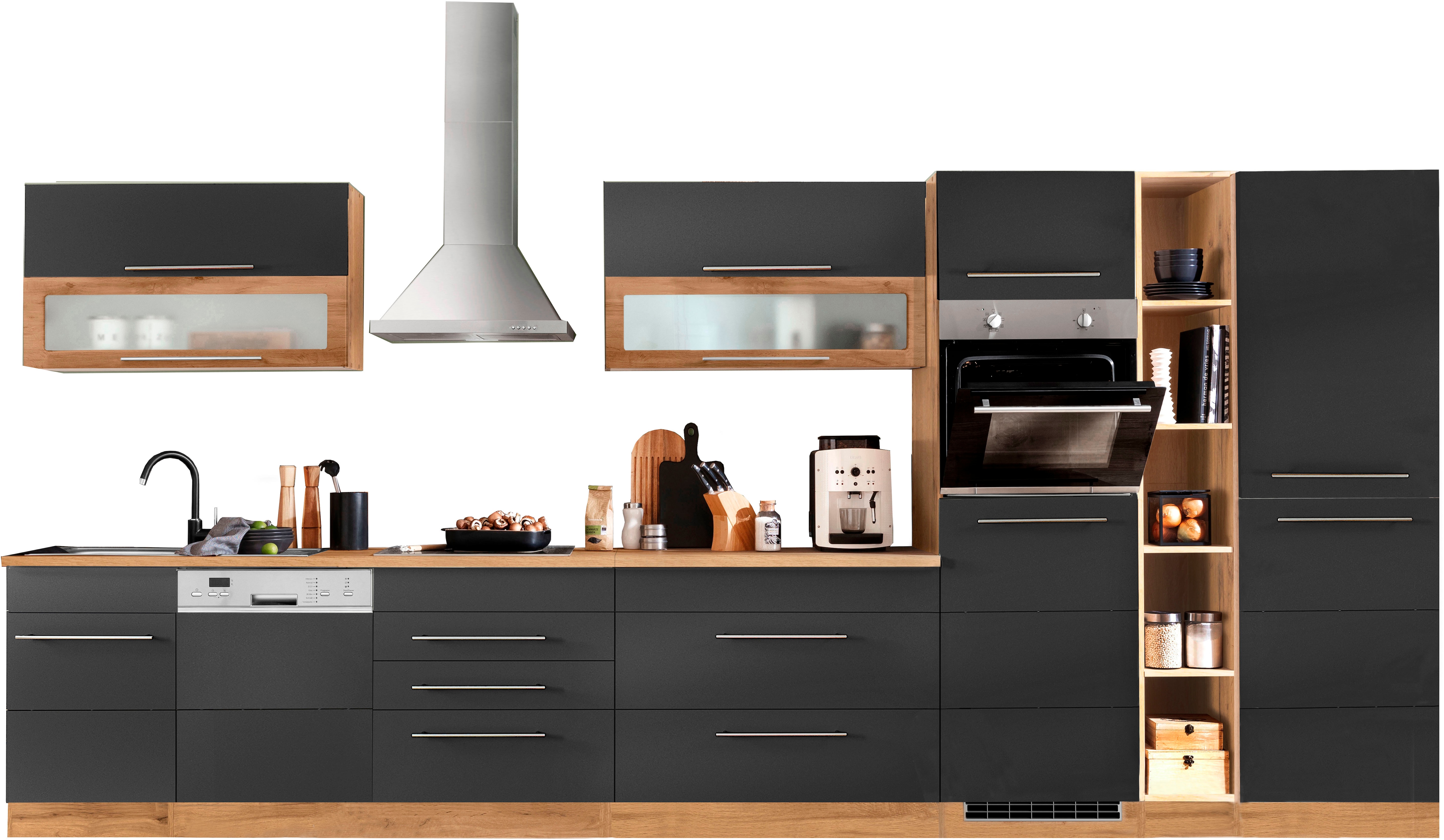 Küchenzeile KOCHSTATION "KS-Wien", schwarz (küche: grau, front: anthrazit, korpus: wotaneichefarben, arbeitsplatte: wotaneichefarben), B:440cm T:60cm, Komplettküchen-Sets, Küchenzeile, Breite 440 cm, wahlweise mit E-Geräten und Induktion, Topseller