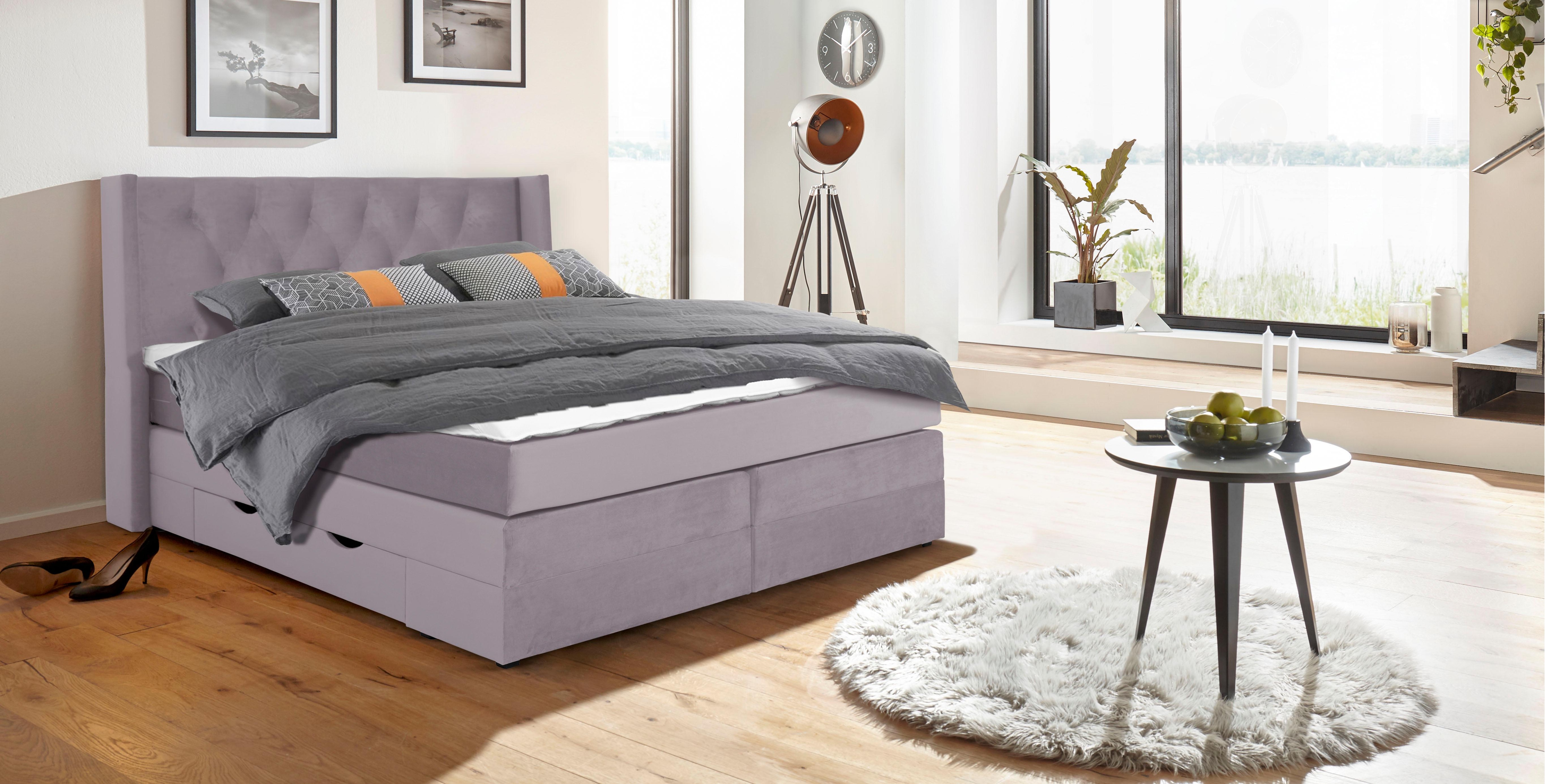 Boxspringbett PLACES OF STYLE "Elegance", lila (flieder), B:161cm L:210cm, Samtoptik (100% Polyester);Struktur (100% Polyester), Komplettbetten, Boxspringbett, mit schöner Knopfheftung, in den Härtegraden H2 & H3, inkl. Schubladen Image