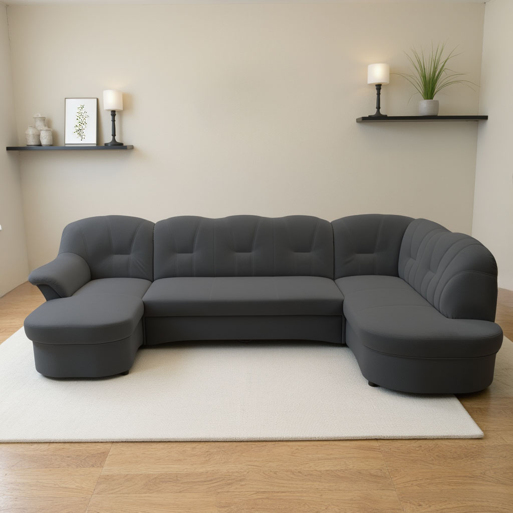 Wohnlandschaft DOMO COLLECTION "Flores auch in Leder-Bezug, B/T/H: 293/180/86 cm, U-Form", grau (dunkelgrau), B:293cm H:84cm T:182cm, 100% Polyester, Sofas, wahlweise mit Bettfunktion, wahlweise mit Federkern, Topseller