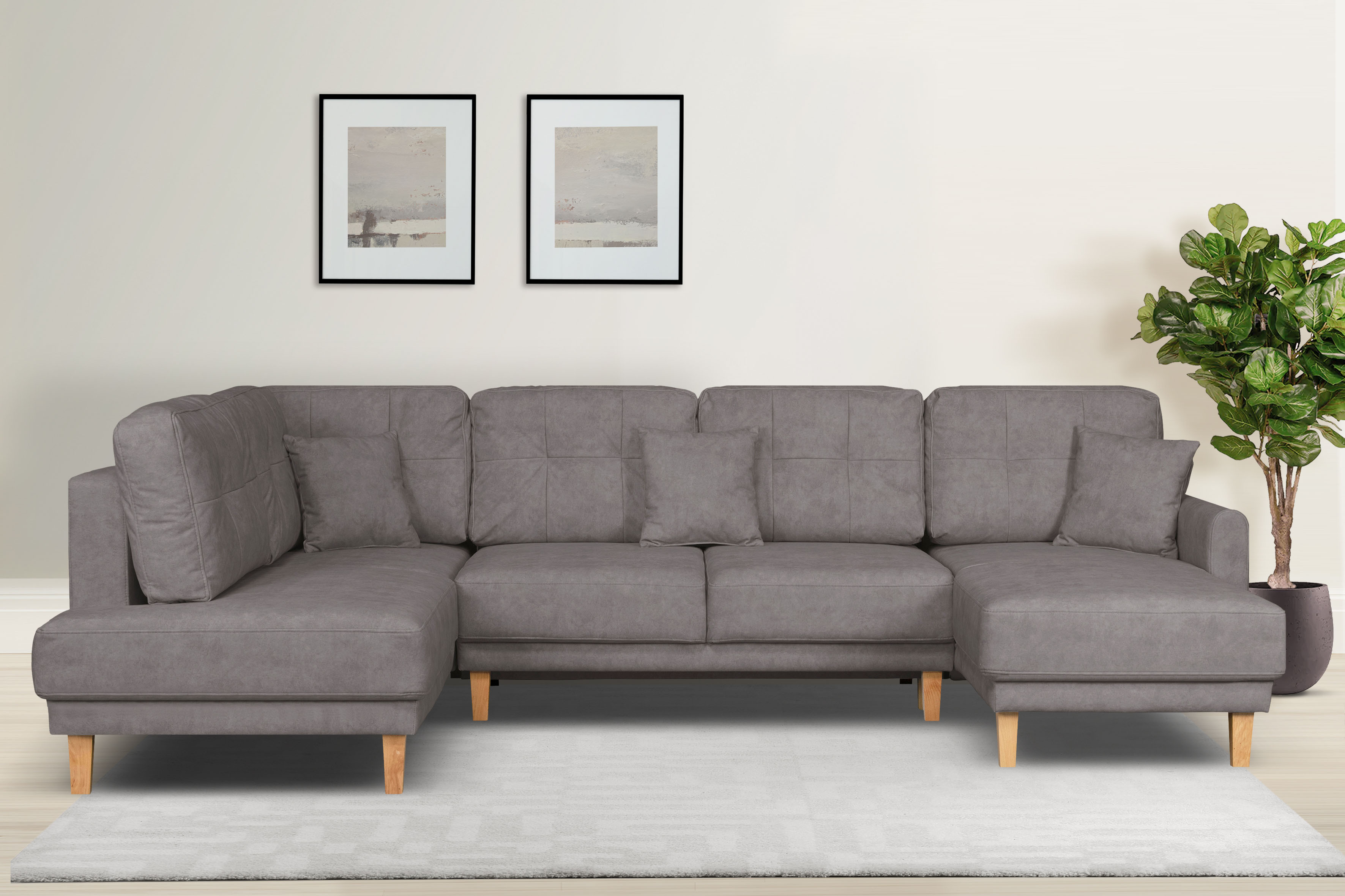 Wohnlandschaft HOME AFFAIRE "TRIPLO U-Form wahlweise mit Schlaffunktion, B/T/H: 310/192/90 cm", grau (taupe), B:310cm H:90cm T:192cm, 100% Polyester, Sofas, Wohnlandschaft, Schlafsofa, auch mit Bettkasten, Steppung im Rückenkissen