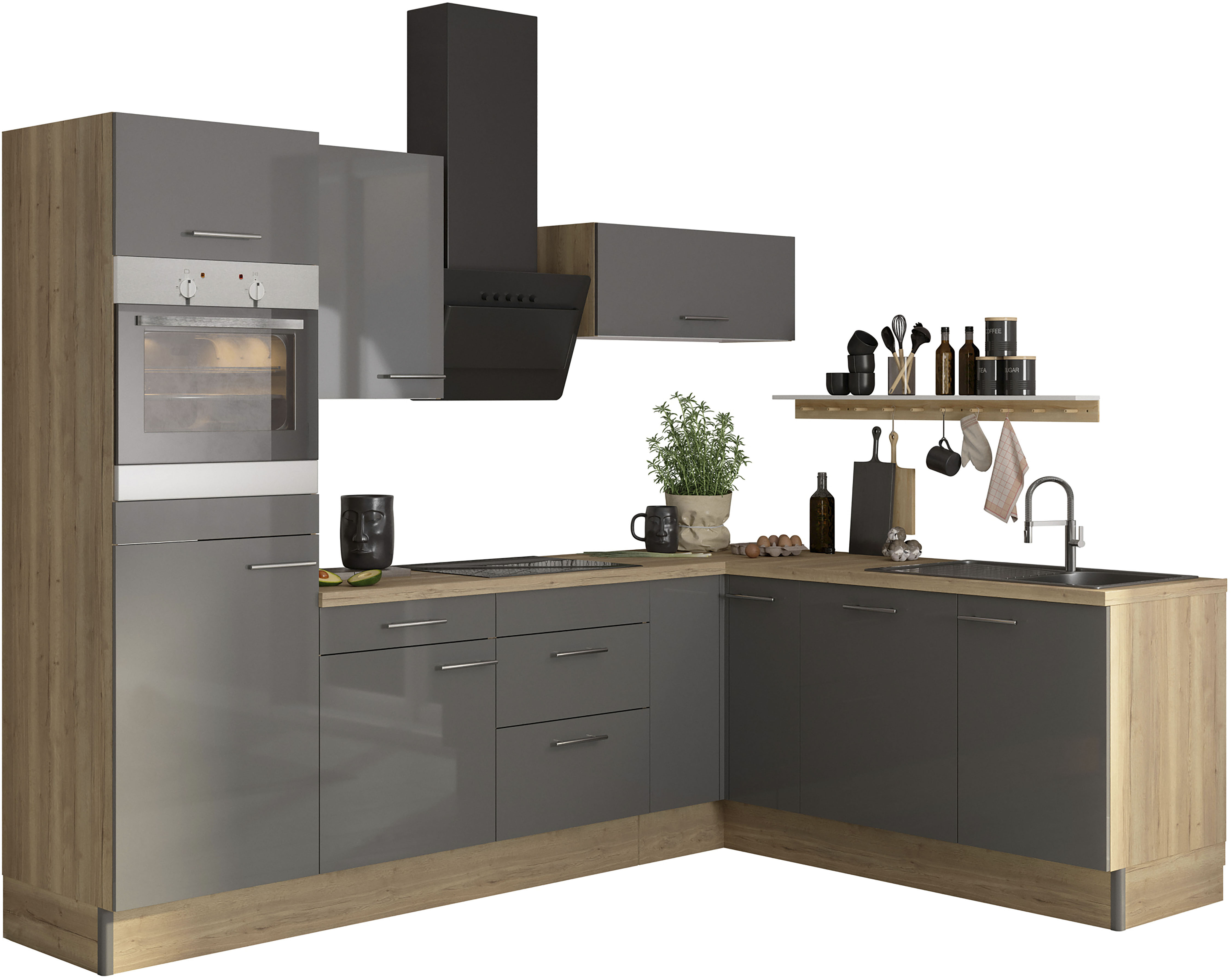 Küche OPTIFIT "Klara", grau (küche: grau, front: anthrazit lackiert, korpus: wildeichefarben, arbeitsplatte: wildeichefarben), B:270cm T:60cm, Komplettküchen-Sets, 270 x 200 cm breit, wahlweise mit E-Geräten