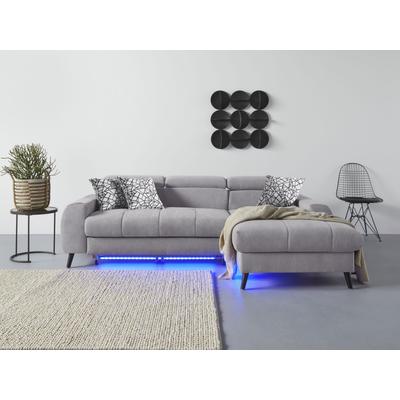 Ecksofa COTTA "Mia L-Form mit 3 Zierkissen", grau (stone), B:236cm H:74cm T:164cm, 100% Polyester, Sofas, wahlweise mit Bettfunktion, Bettkasten, Beleuchtung & Wireless-Charger Image