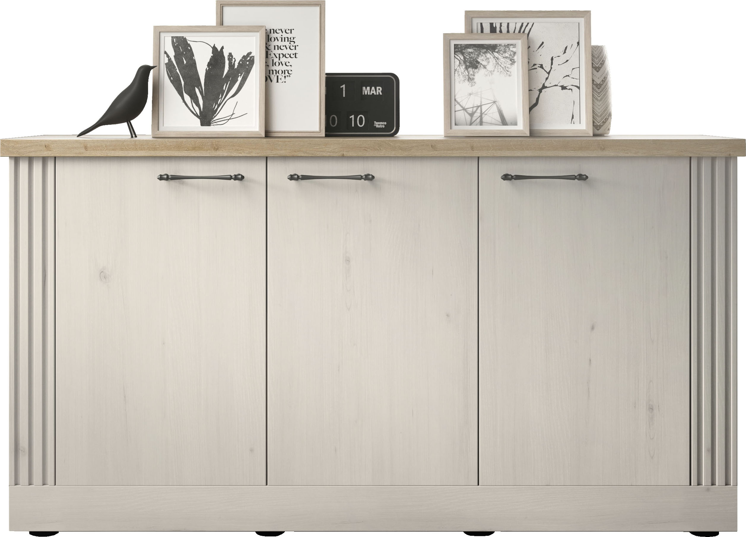 Sideboard OTTO HOME "Country Breite 164 cm, Kommode mit 3 Türen, Anrichte im", beige (eiche meringa nb, eiche cadiz nb), B:164cm H:88cm T:44cm, Sideboards, Sideboard, Landhausstil, viel Stauraum, mit Metallgriffe, MDF Rahmen