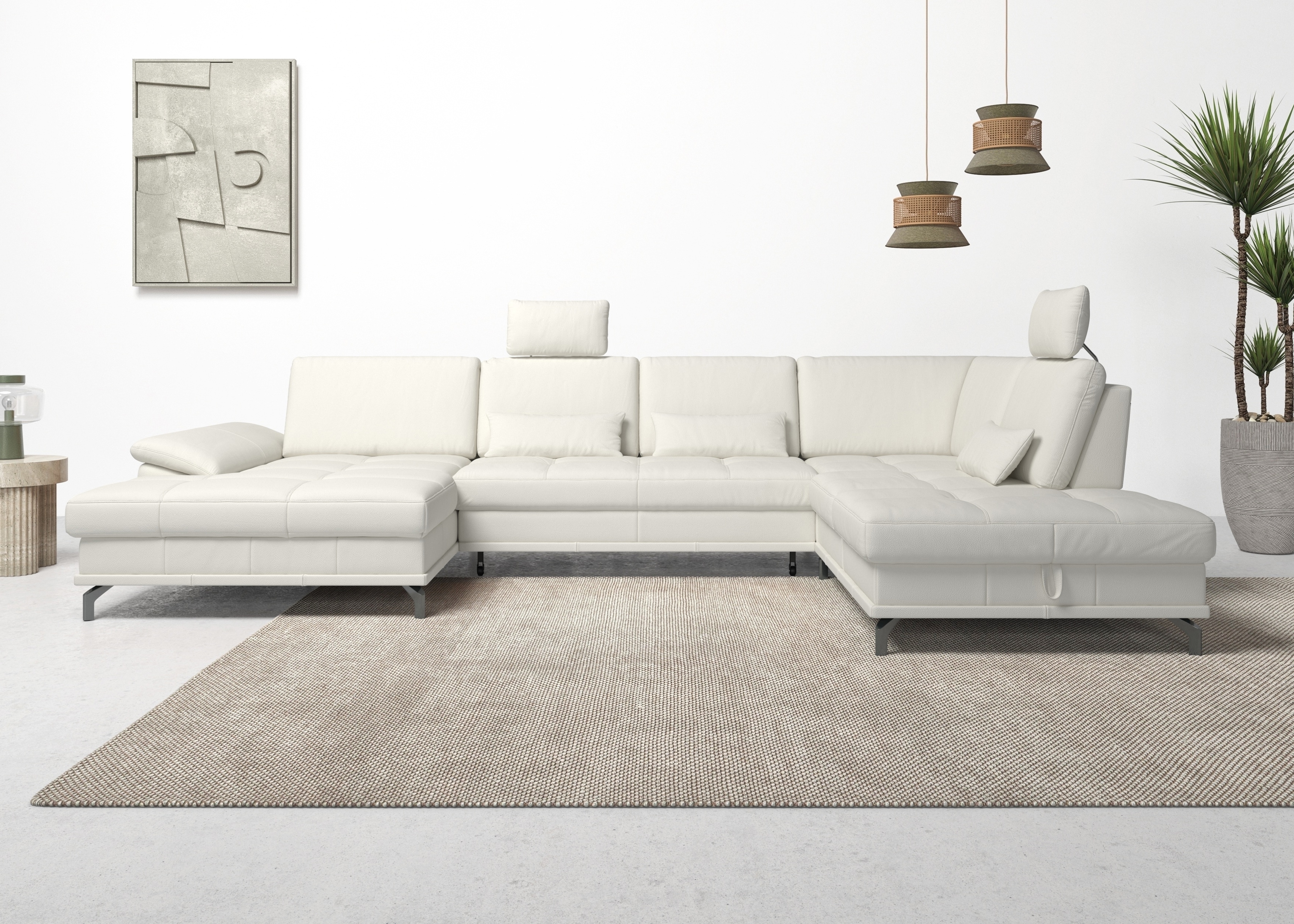 Wohnlandschaft PLACES OF STYLE "Costello U-Form, B: 363 cm mit Sitztiefen-, Armteilverstellung &", weiß (altweiß), B:363cm H:89cm T:223cm, Luxus-Microfaser (90% Polyester, 10% Polyamid);Samtoptik (100% Polyester), Sofas, 3 Nierenkissen, optional... Image