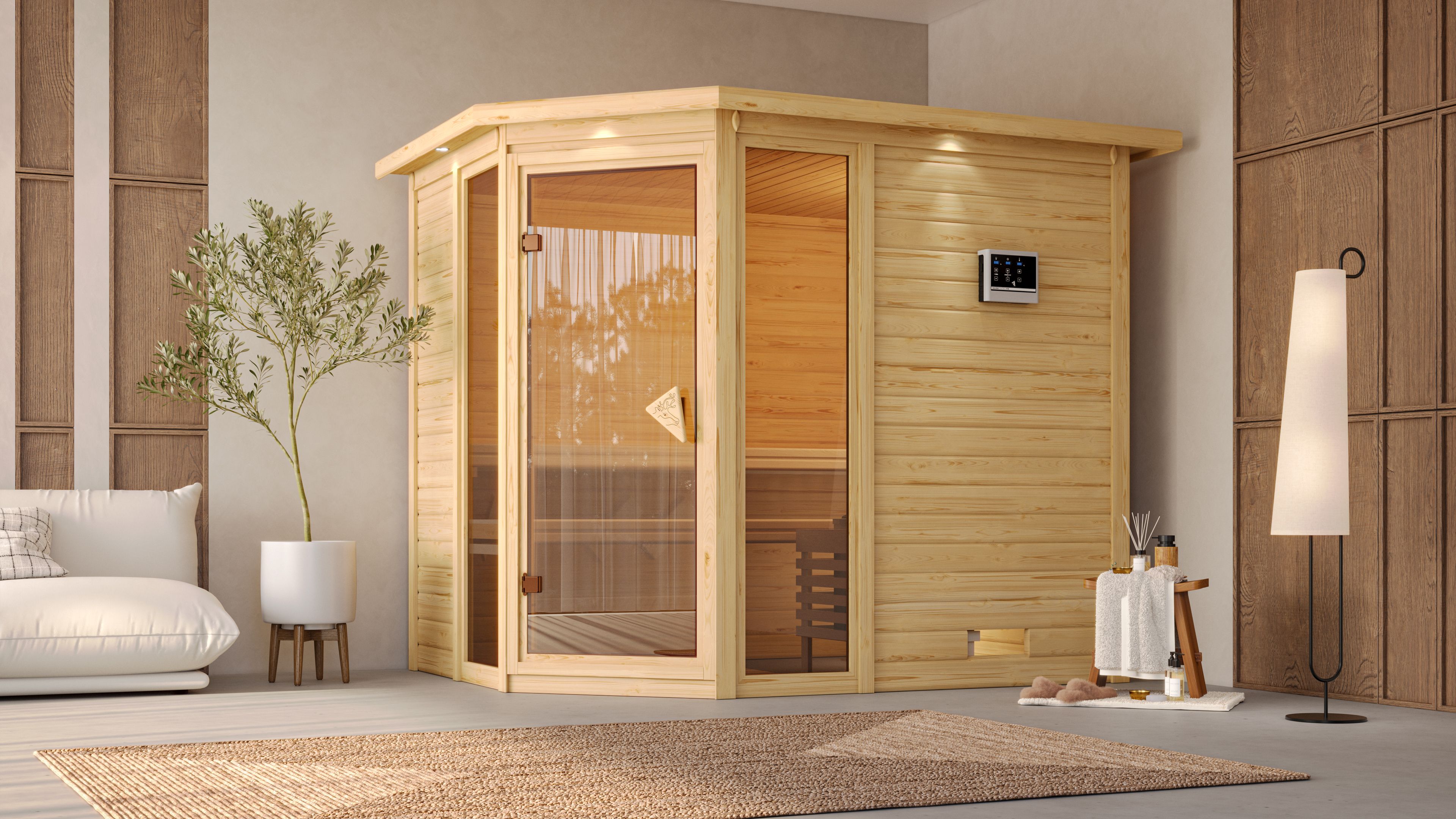 Sauna KARIBU "Sina 3", beige (naturbelassen), Bio-Kombiofen, externe Steuerung, 9 kW, Saunen, 9-kW-Bio-Ofen mit externer Steuerung Image