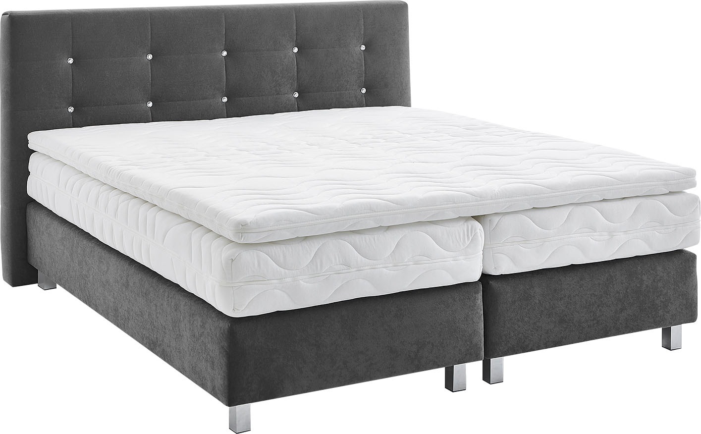Boxspringbett, grau (anthrazit), B:175cm L:210cm, Bezug: Microvelours 100% Polyester;Polsterung: 100% Polyester, WESTFALIA SCHLAFKOMFORT, Komplettbetten, Boxspringbett, mit Knöpfen in Kristalloptik, wahlweise mit Topper Image