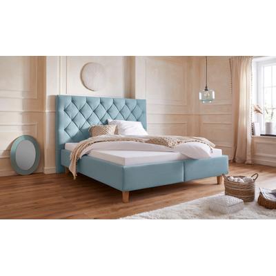 Polsterbett "Sunley 140", grün (mint), B:203cm L:210cm, Struktur (100% Polyester), Samtstoff (100% Polyester), GUIDO MARIA KRETSCHMER HOME & LIVING, Betten, Kreuzsteppung, Kopfteilhöhe 142 cm, ohne oder mit Matratze/Lattenrost Image