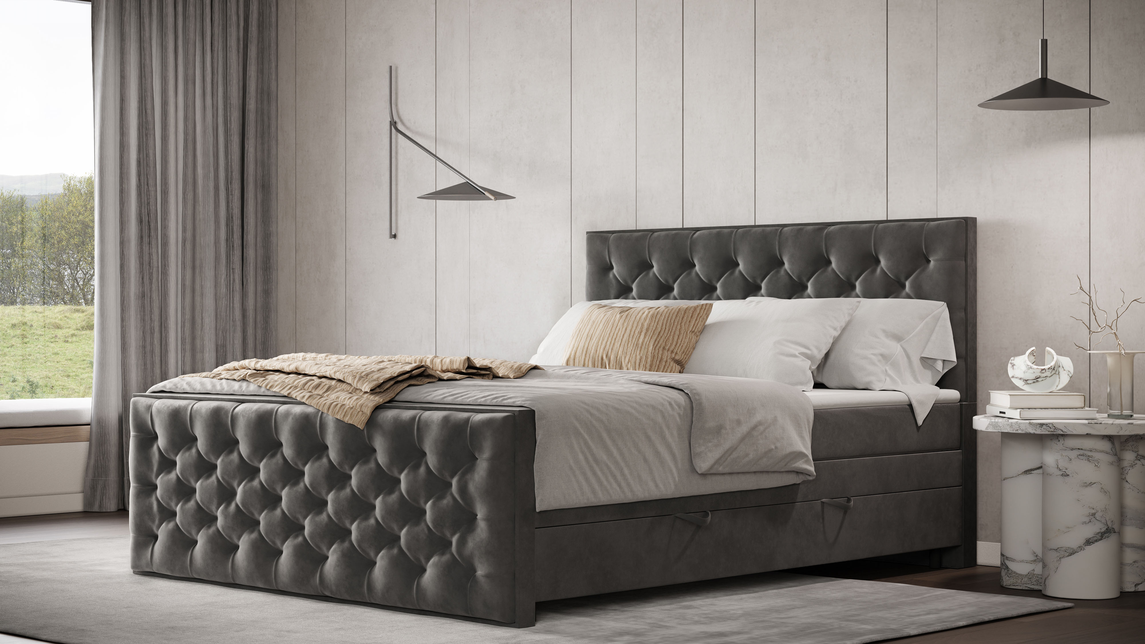 Boxspringbett FORTE "Lanciano Max inkl. zwei Bettkästen und Kaltschaum Topper", grau (anthrazit), B:166cm L:225cm, Komplettbetten, und einer 7-Zonen-Tonnentaschenfederkernmatratze H2/H3, Topseller Image