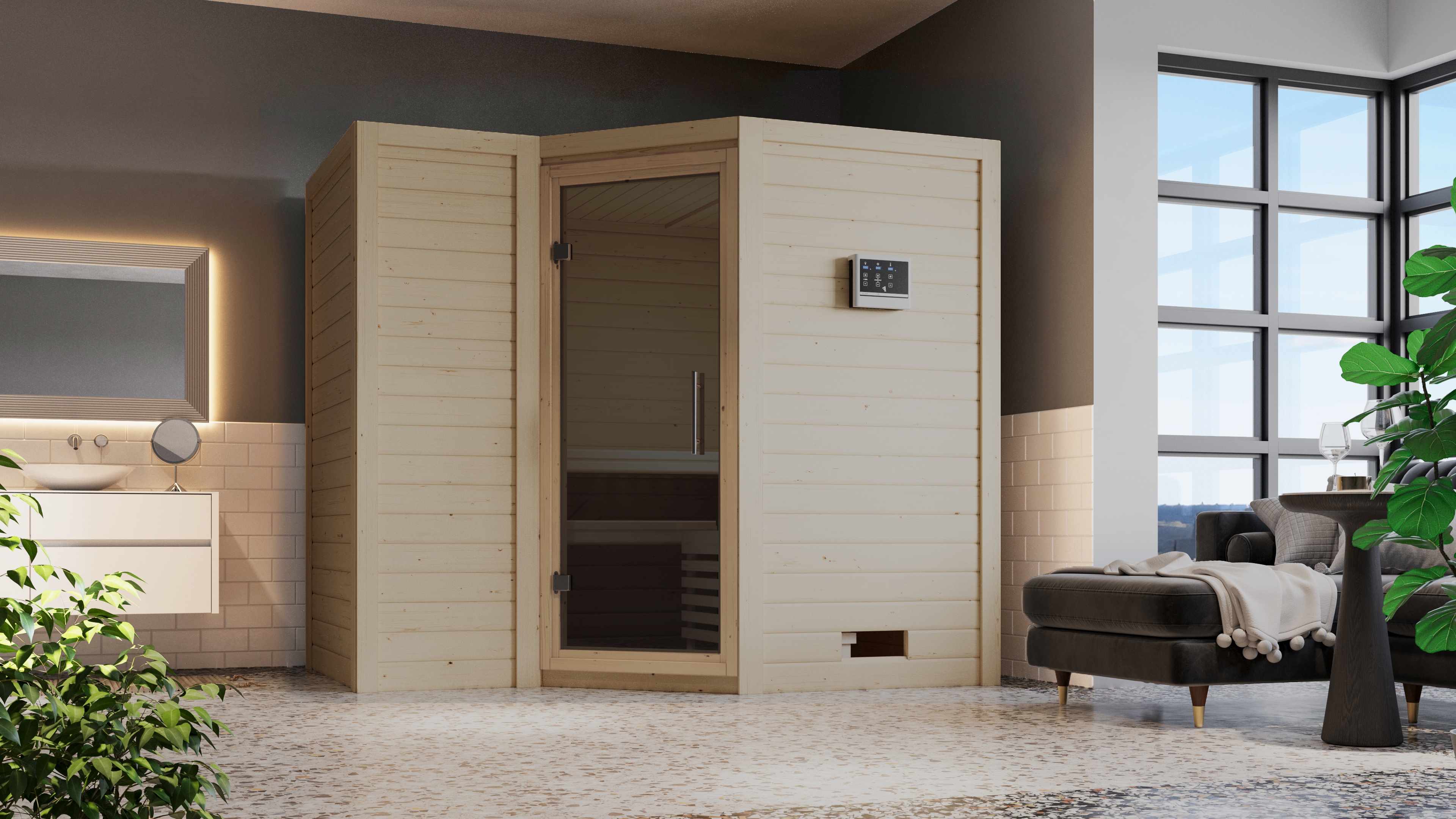 Sauna KARIBU "Sanna 2", beige (naturbelassen), Saunaofen, integrierte Steuerung, 9 kW, Saunen, Ofen 9 kW integr. Strg