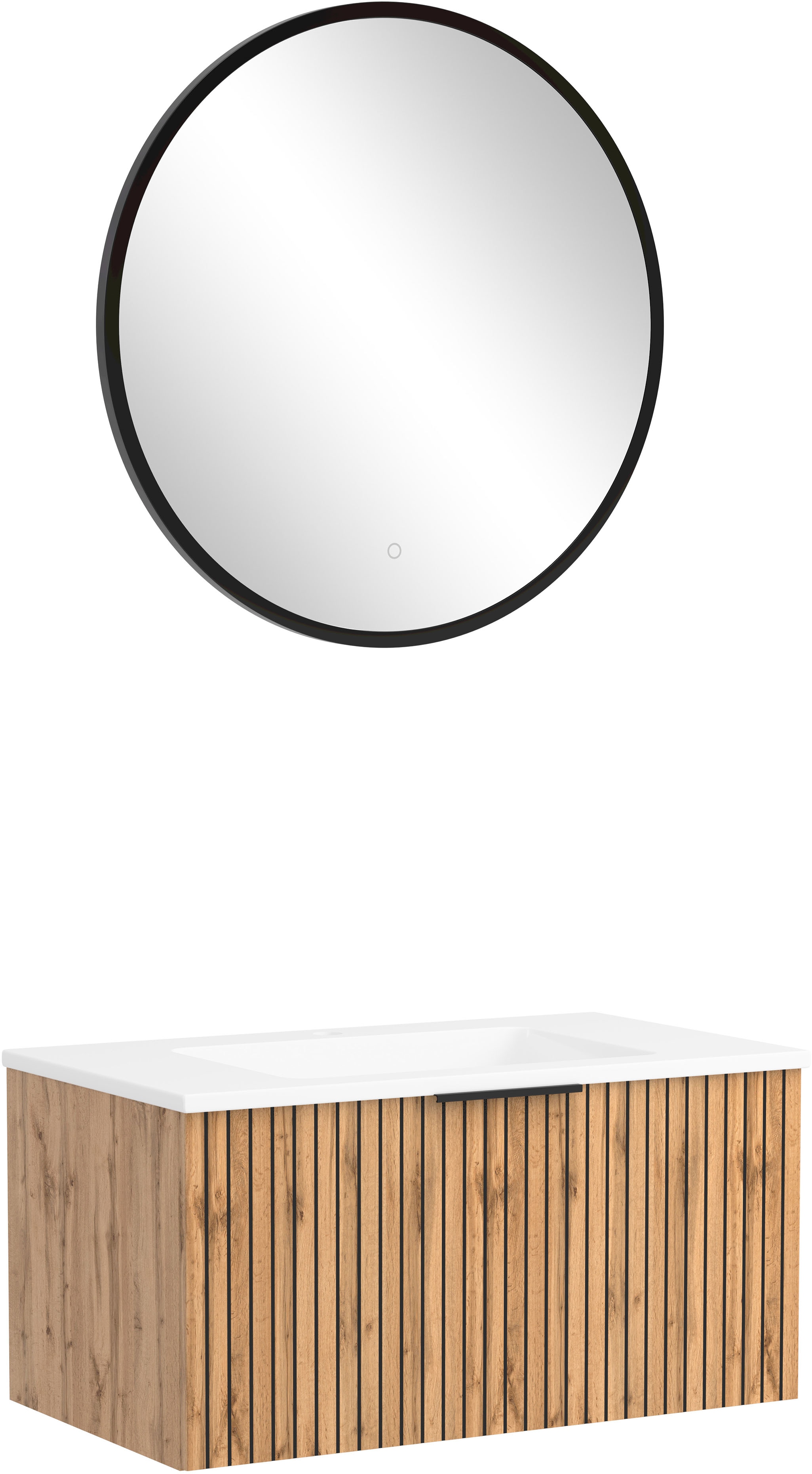 Badmöbel-Set WELLTIME "Welltime, Carlton Waschtisch-Set, 80 oder 120 cm, gestreift", schwarz (wotnaeiche, schwarz), Set 1: 2tlg. Waschtisch-Set 80cm: Spiegel 60cm und Waschtischmit weißem Auflagebecken, Spanplatte, Kastenmöbel-Sets, Badmöbel-Set