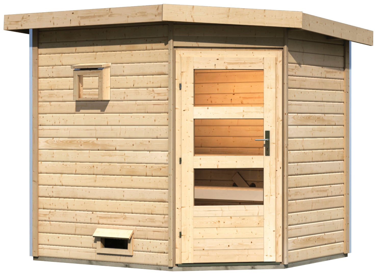 Saunahaus KARIBU "Tore", beige (naturbelassen), ohne Ofen, (ohne Ofen), Saunen, moderne Tür