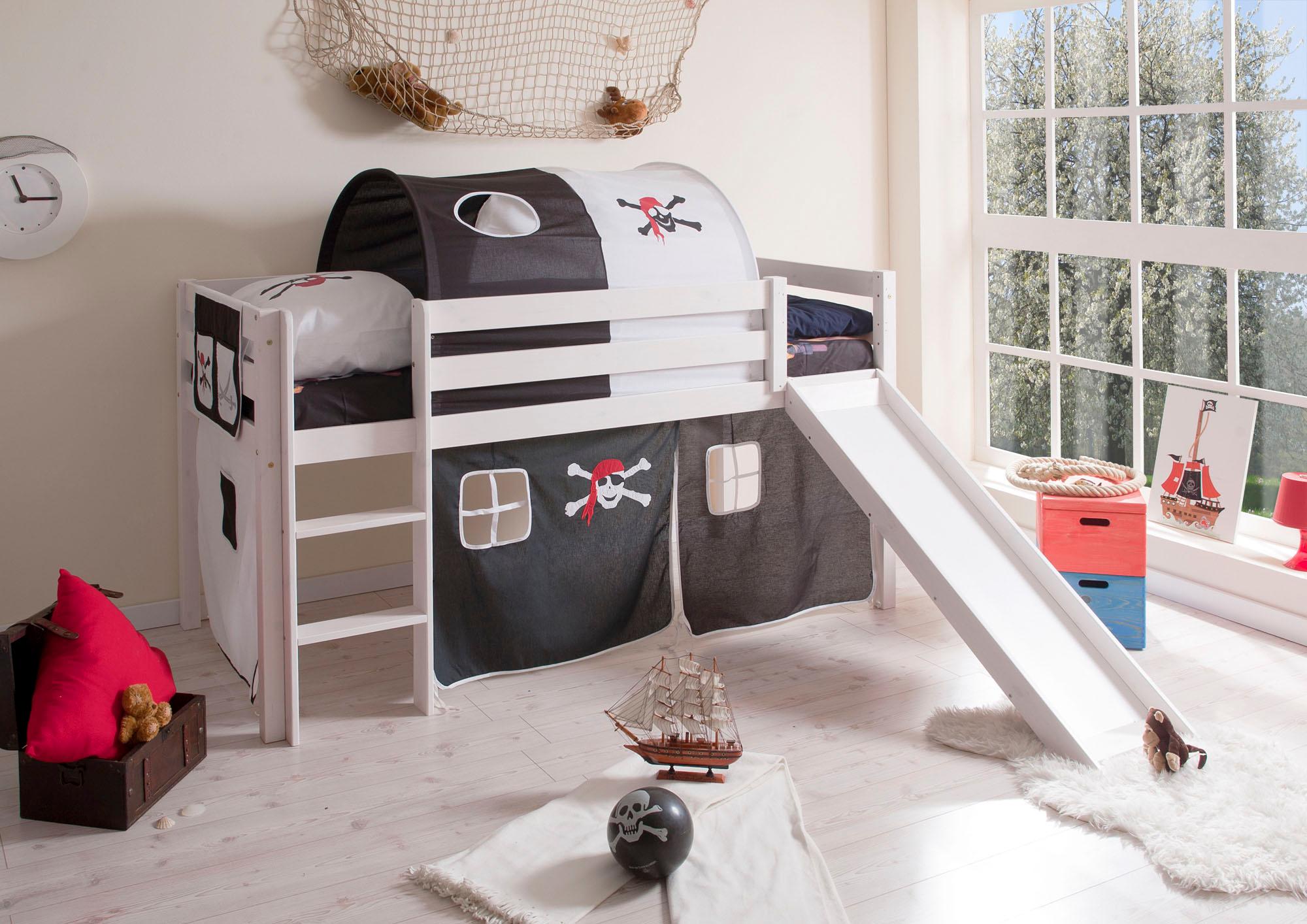 Hochbett TICAA "Manuel", schwarz-weiß (kiefer massiv weiß, pirat, schwarz, weiß), B:217cm H:114cm L:205cm, Hochbetten, Hochbett, mit Rollrost in verschied. Ausführungen wahlweise mit Matratze, weiß