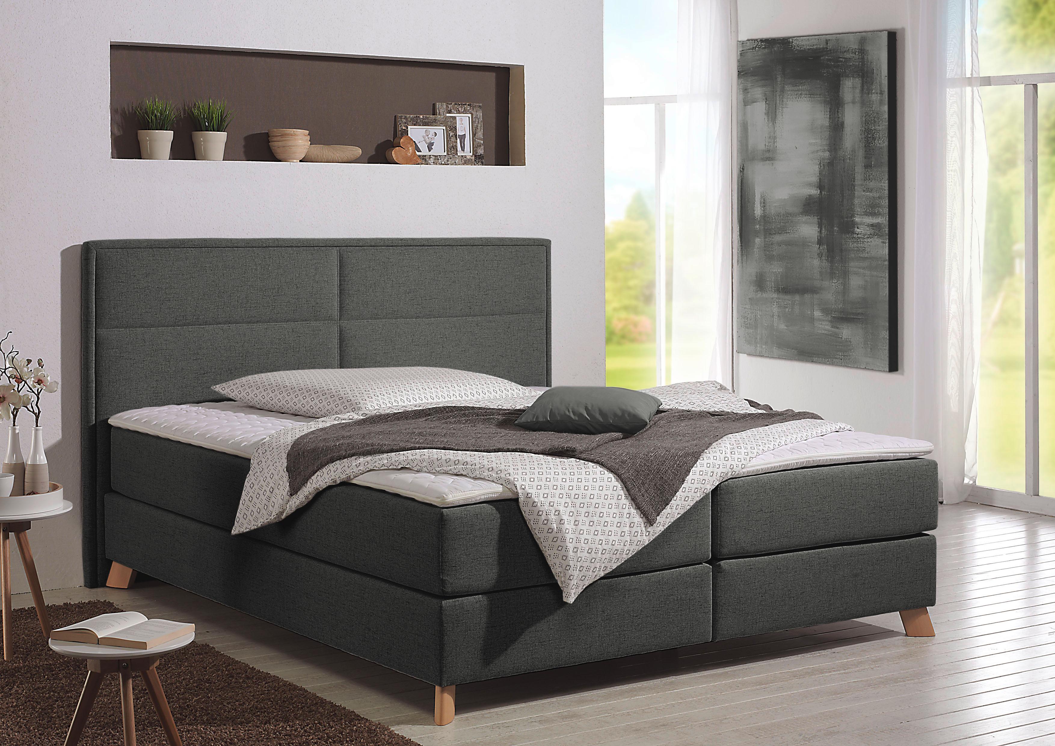 Boxspringbett HOME AFFAIRE "Caria", grau (anthrazit), B:151cm L:209cm, Strukturstoff-Bezug (100% Polyester);Topperbezug 100% Polyester, Komplettbetten, Boxspringbett, in 5 Breiten, 3 Matratzen-Ausführungen, 2 Härtegraden, Topper Image