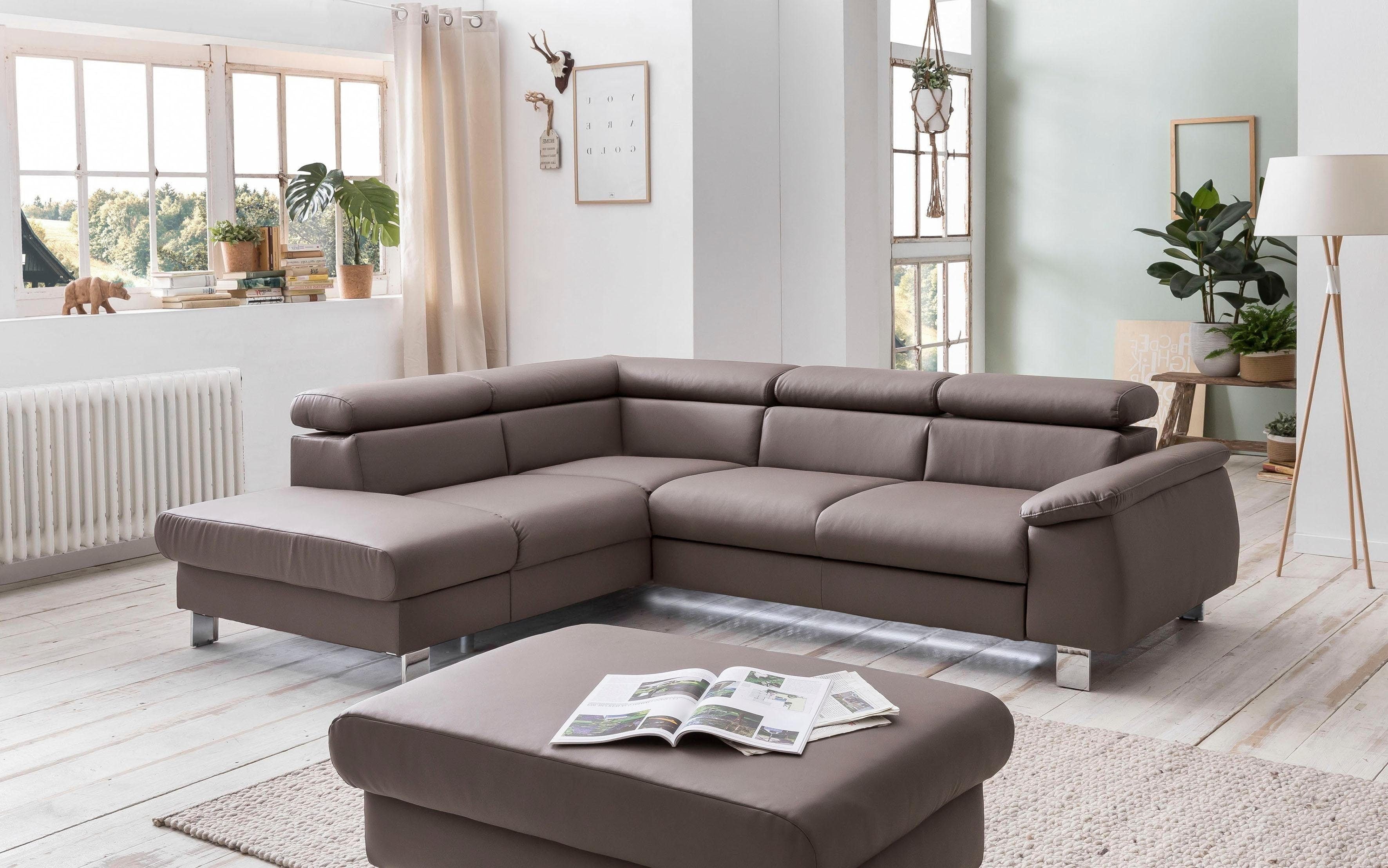 Polstergarnitur COTTA "Komaris L-Form, B: 249 bzw. 100 cm (Set: Ecksofa & Hocker)", grau (elefant,), B:249cm, Sitzmöbel-Sets, mit Kopfteilverstellung, optional Bettfunktion, Bettkasten & Licht Image