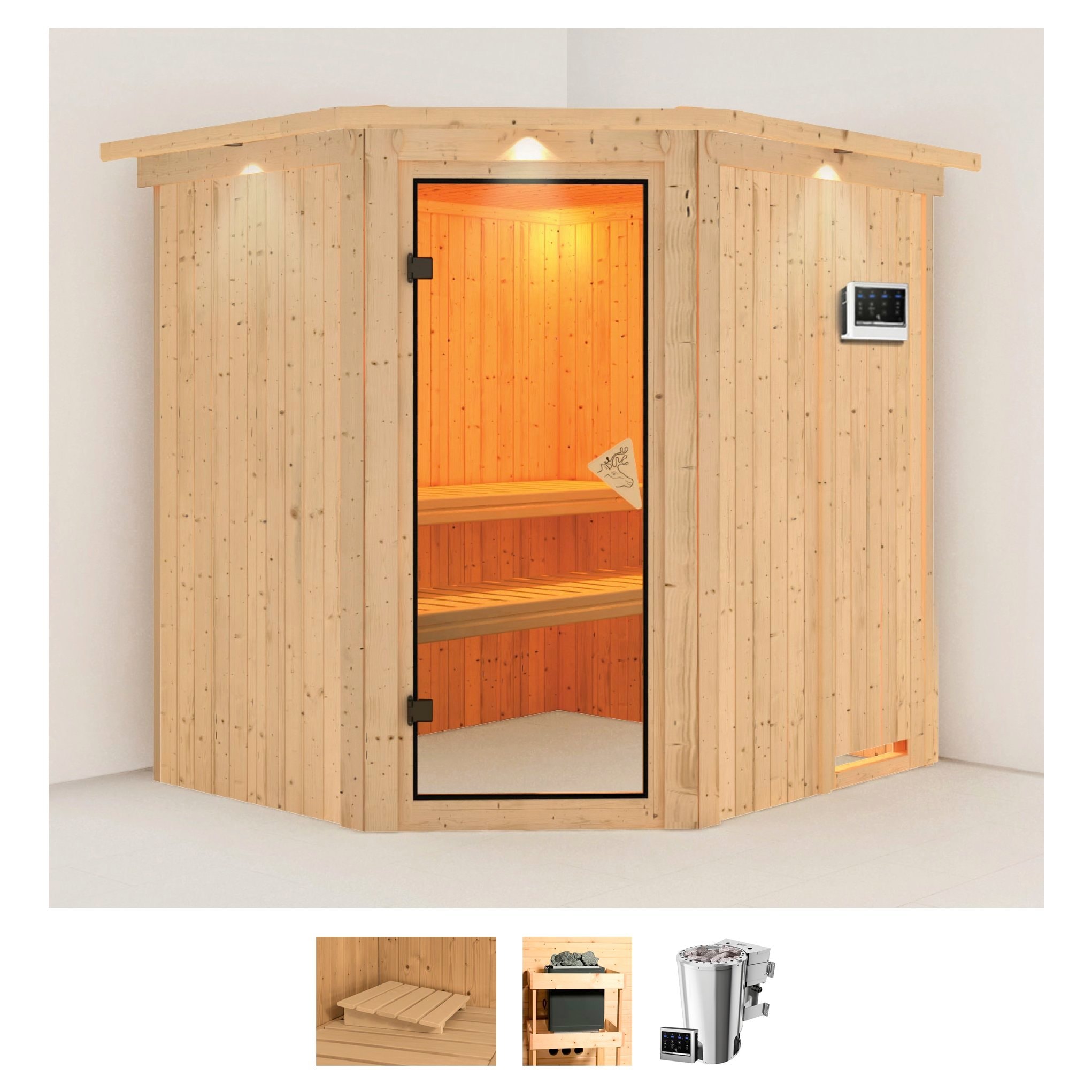 Sauna KARIBU "Laila", beige (naturbelassen), Bio-Kombiofen, externe Steuerung, 3,6 kW, Saunen, Ofen 3,6 kW Bio-Ofen externe Strg. easy