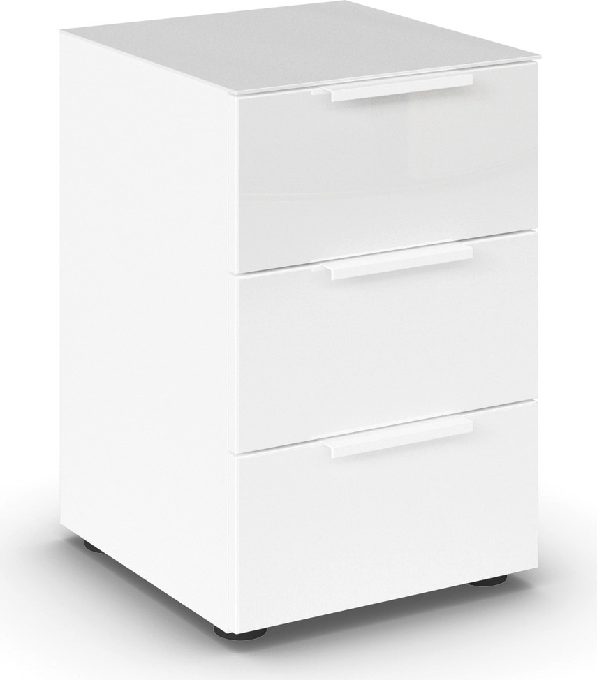 Nachtkommode RAUCH "Nachttisch Nachtschrank Nachtkonsole FLIPP mit Glasfront", weiß (alpinweiß, glas kristallweiß), B:40cm H:60cm T:42cm, Holzwerkstoff, Sideboards, mit 3 Schubladen und Soft-Close-Funktion, Oberboden und Front Glas