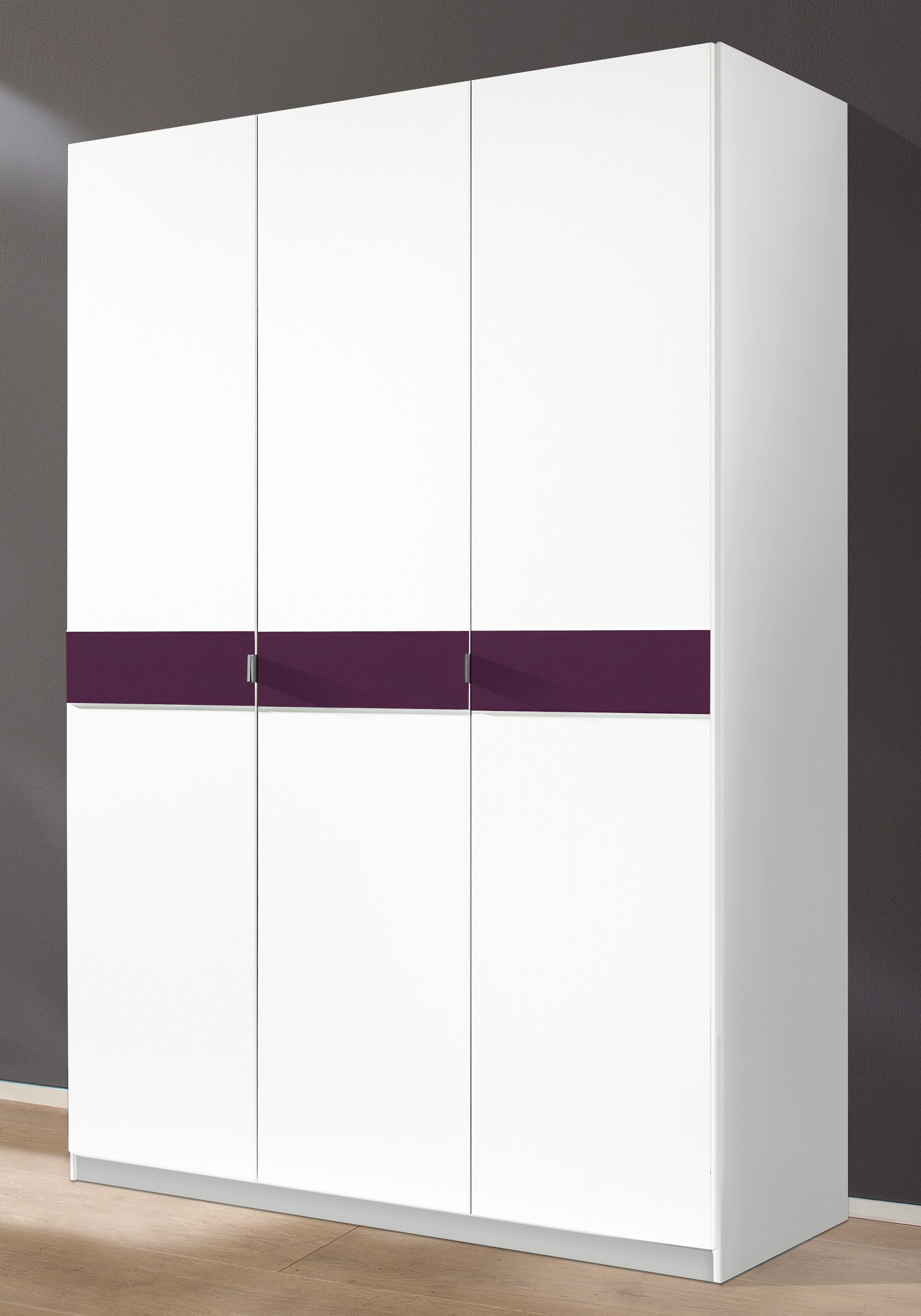 Kleiderschrank PRIESS "Drehtürenschrank Kleiderschrank Schrank Schlafzimmerschrank Madrid", weiß (weiß, brombeerglas), B:140cm H:193cm T:54cm, Holzwerkstoff, Schränke, Kleiderschrank, mit farbiger Glasauflage, erweiterbar mit Schrankaufsatz Madrid