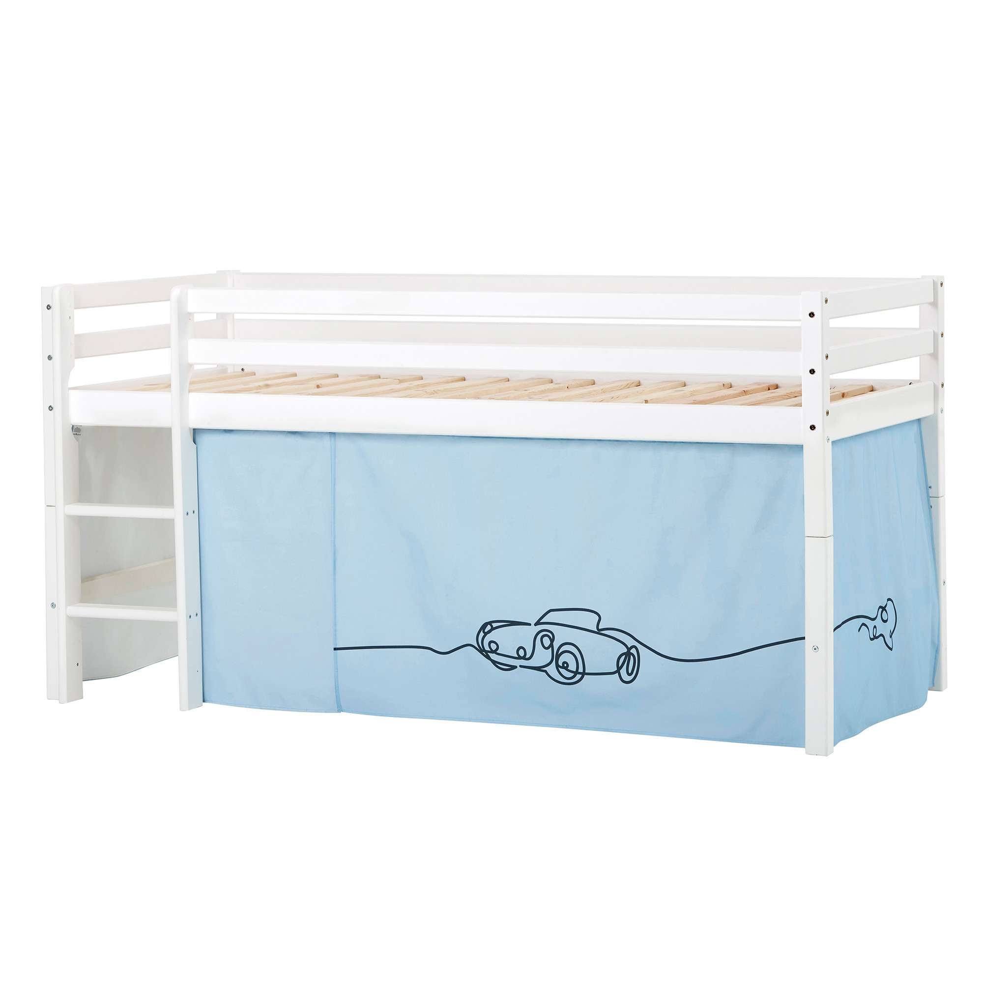 Hochbett HOPPEKIDS "ECO Dream, Kinderbett, Spielbett, Halbhohes Bett aus Massivholz", blau (weiß, cars blau), B:101cm H:105cm L:208cm, Kinderbett: 100% Massivholz: Nordische Kiefer, Vorhang: 100% Baumwolle, Hochbetten, Hochbett Kinderbett, inkl....