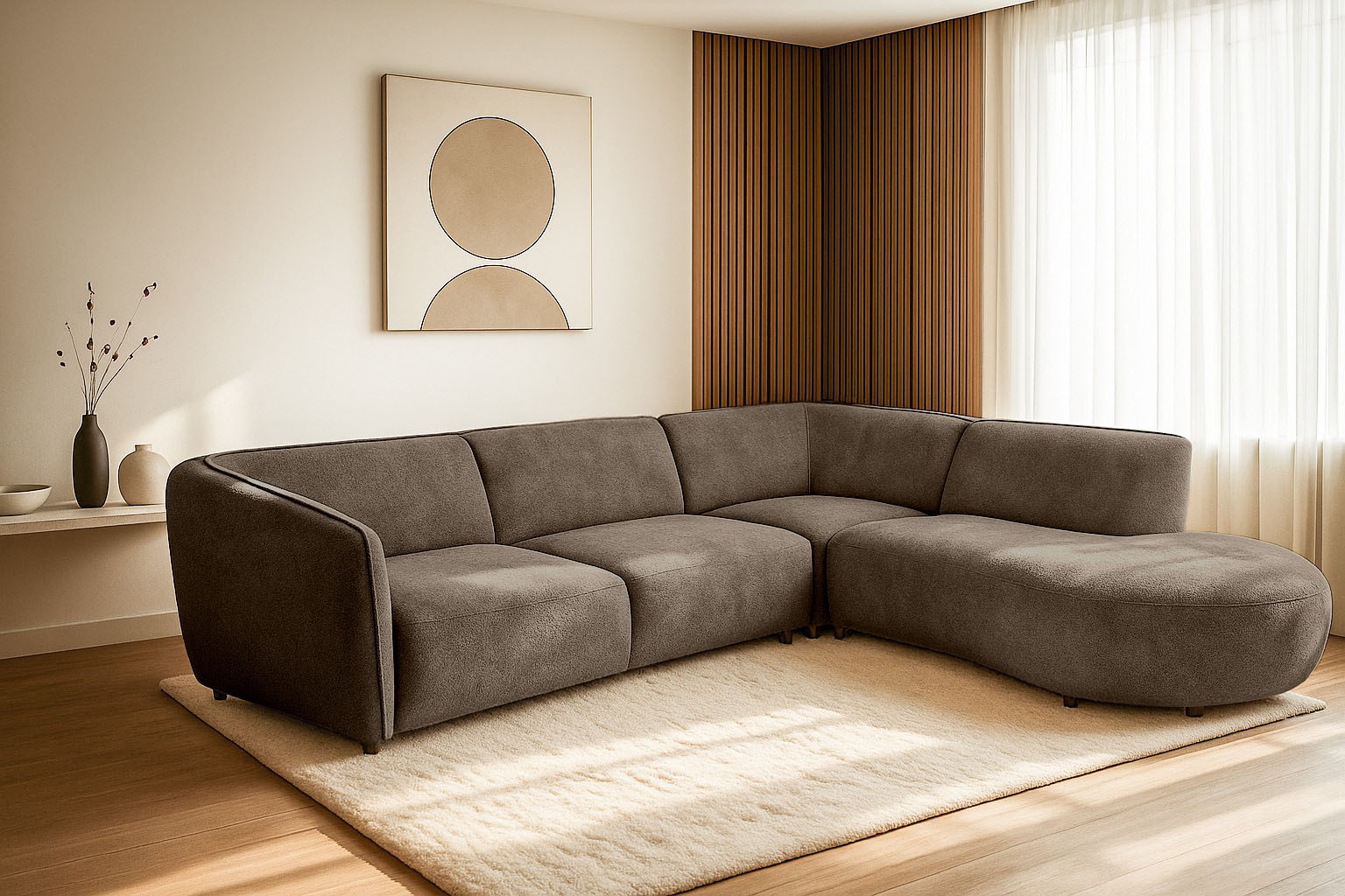 Ecksofa HOME AFFAIRE "OSTRUP Rundsofa, L-Form, Naturtöne, Boucle", grau (taupe), B:273cm H:73cm T:250cm, 100% Polyester, Sofas, Ecksofa, Breite 273 cm, organische Form mit sanften Rundungen