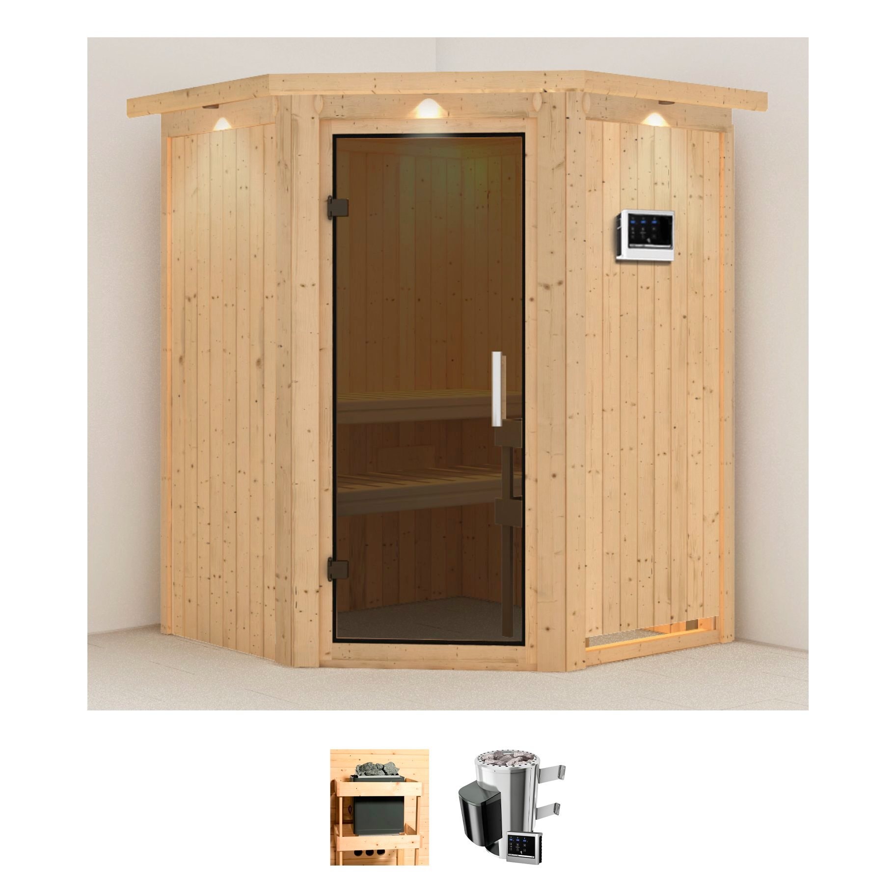Sauna KARIBU "Nanna", beige (naturbelassen), Saunaofen, externe Steuerung, 3,6 kW, Saunen, 3,6-kW-Plug & Play Ofen mit externer Steuerung Image