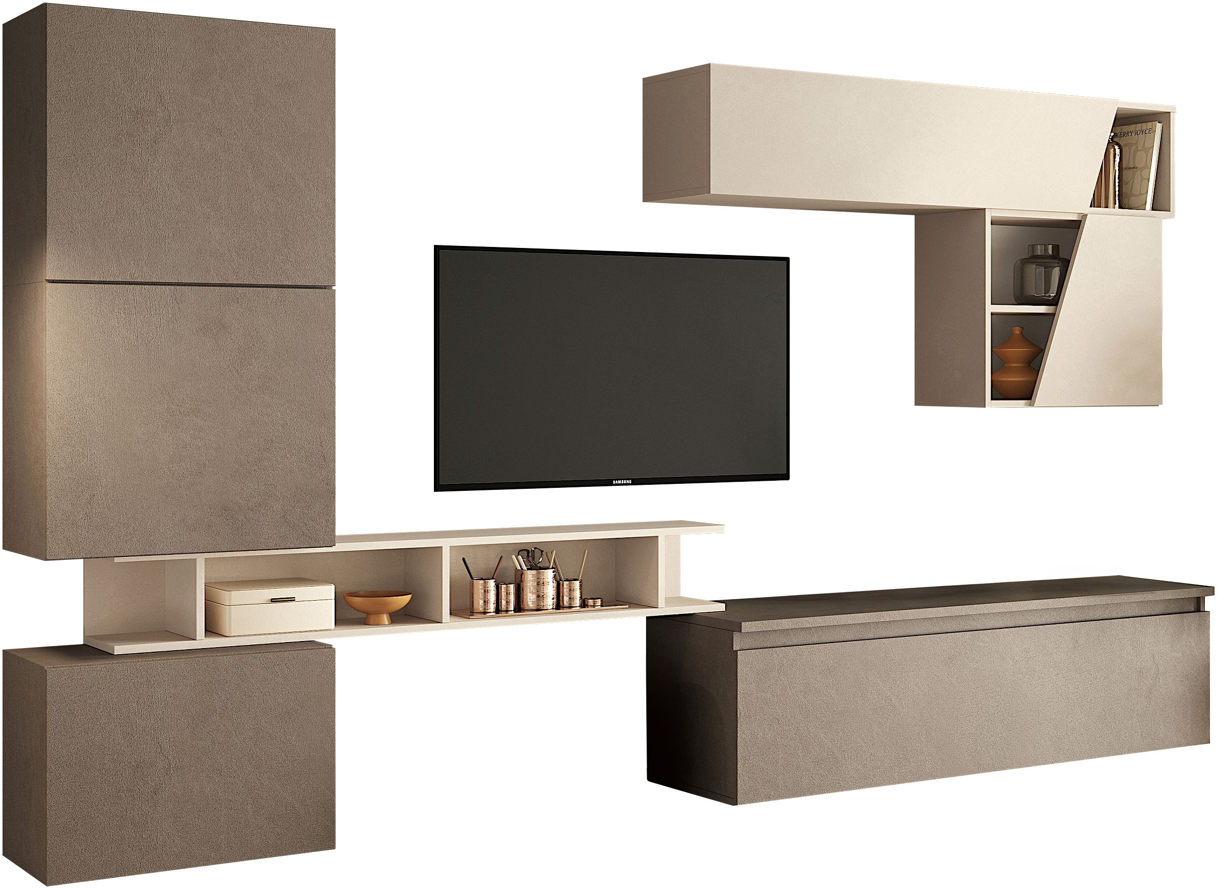 Wohnwand INOSIGN "Infinity, 7tlg. Breite 285 cm, moderne Mediawand", bronzo, cashmere, B:285cm H:200cm T:40cm, Kastenmöbel-Sets, Wohnwand, 3x Hängewürfel, Würfel-Element, Hängeschrank, Wandregal)