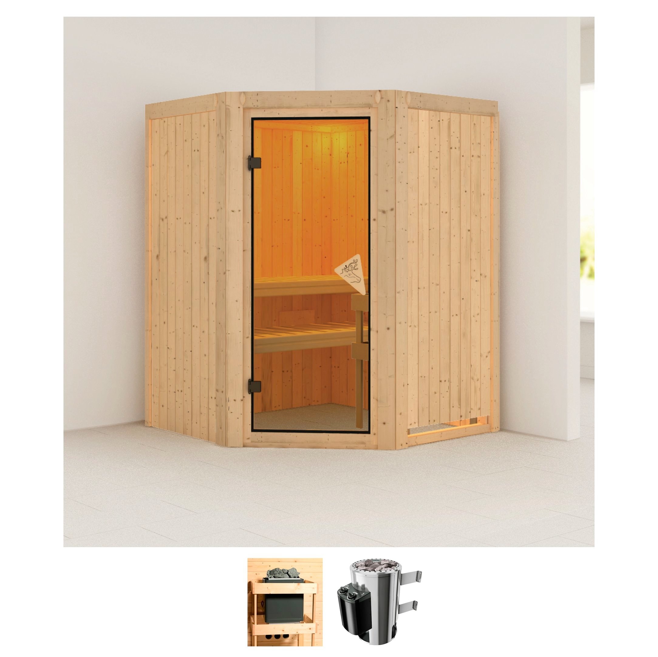 Sauna KARIBU "Nanna", beige (naturbelassen), Saunaofen, integrierte Steuerung, 3,6 kW, Saunen, Ofen 3,6 kW intgr. Strg