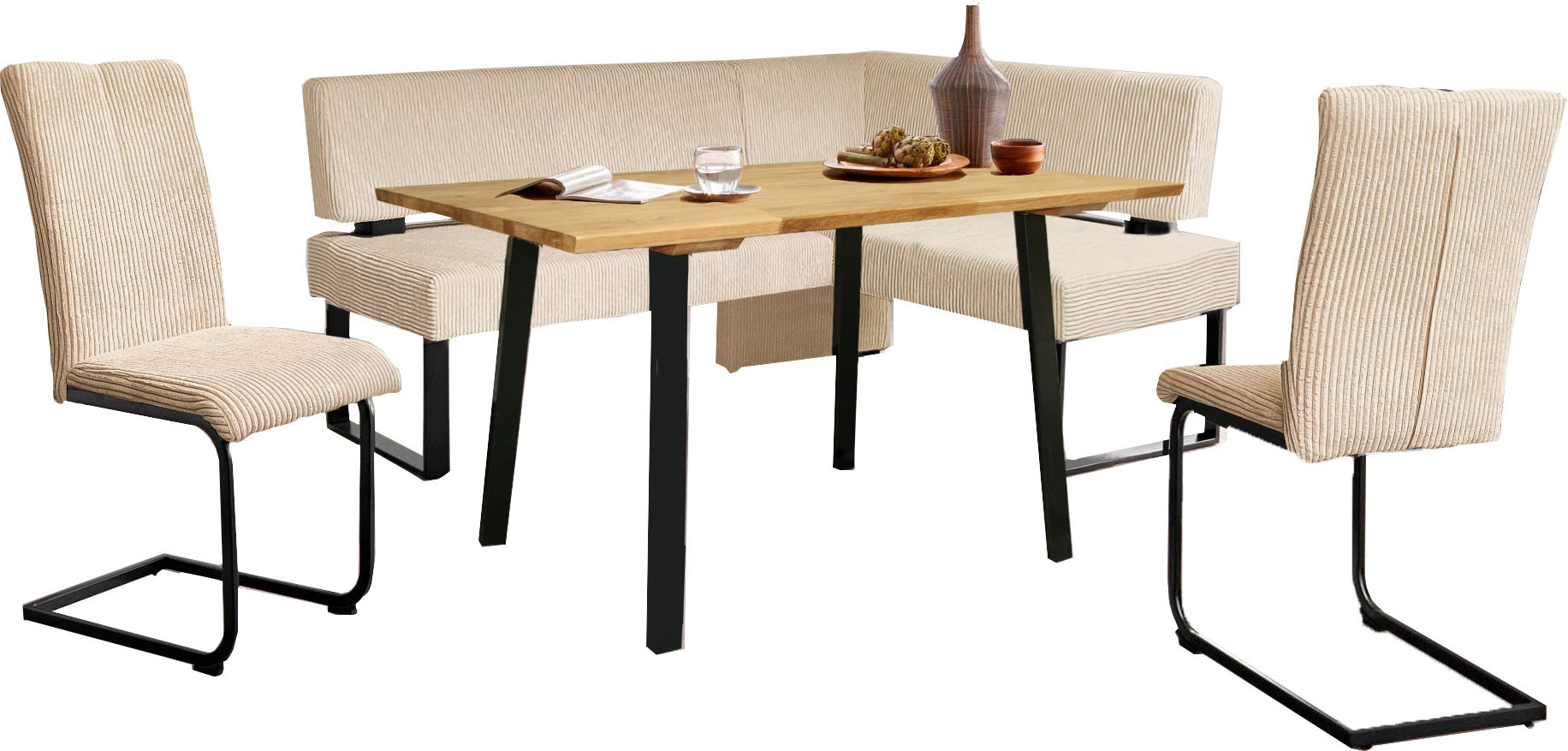 Eckbankgruppe HOME AFFAIRE "Oliver", blau (caneel bay, schwarz), B:200cm H:89cm T:160cm, FSC-zertifizierter Holzwerkstoff, FSC-zertifiziertes Massivholz, Metall, Polyester, Sitzmöbel-Sets, Eckbank mit Wellenunterfederung im Sitz, Tisch Massiv Eiche