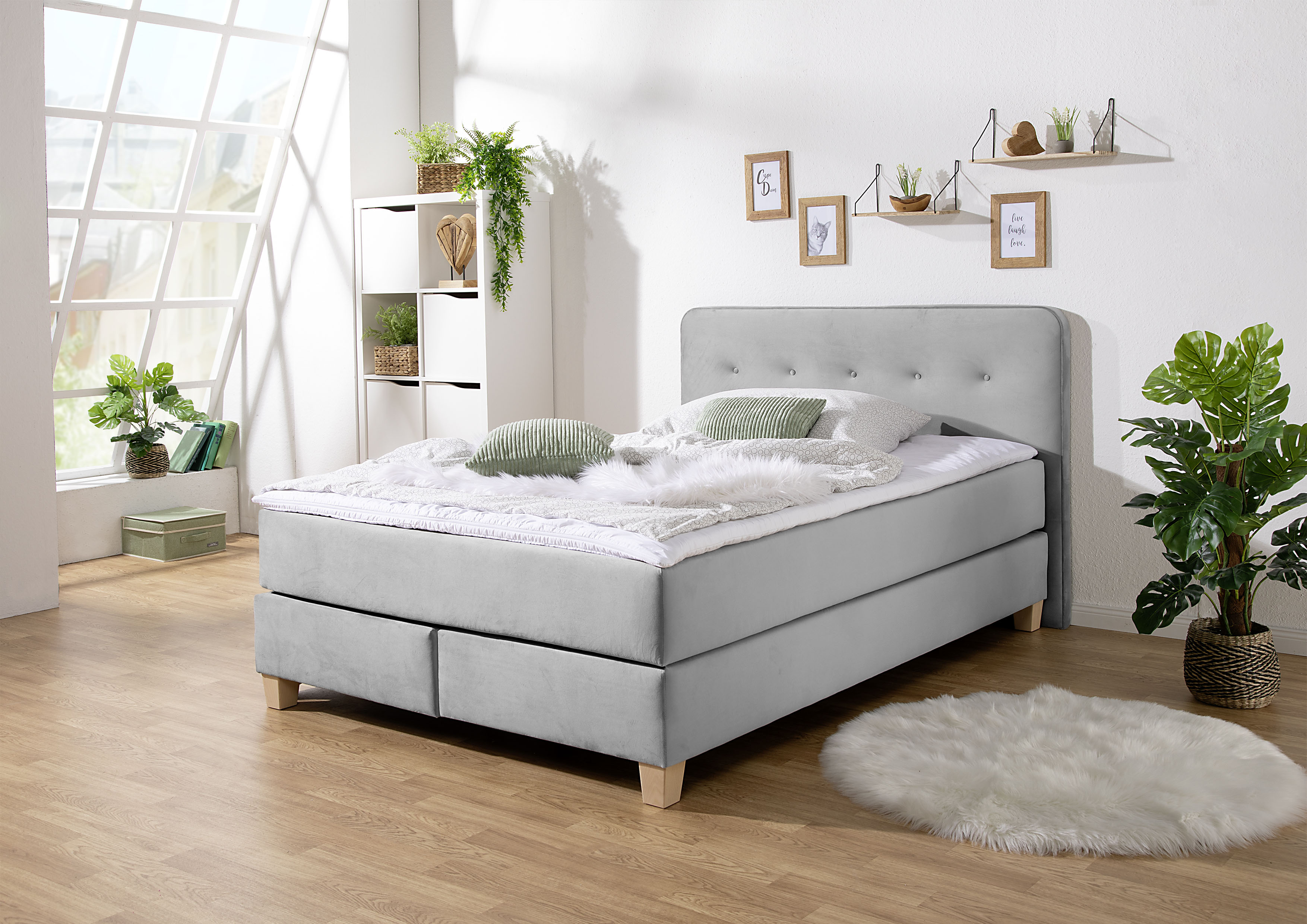 Boxspringbett HOME AFFAIRE "Fargo", grau, B:153cm L:227cm, Struktur fein (100% Polyester);Samtstoff (100% Polyester), Komplettbetten, in Überlänge 220 cm, mit Topper, 3 Ausführungen, 4, Breiten Image