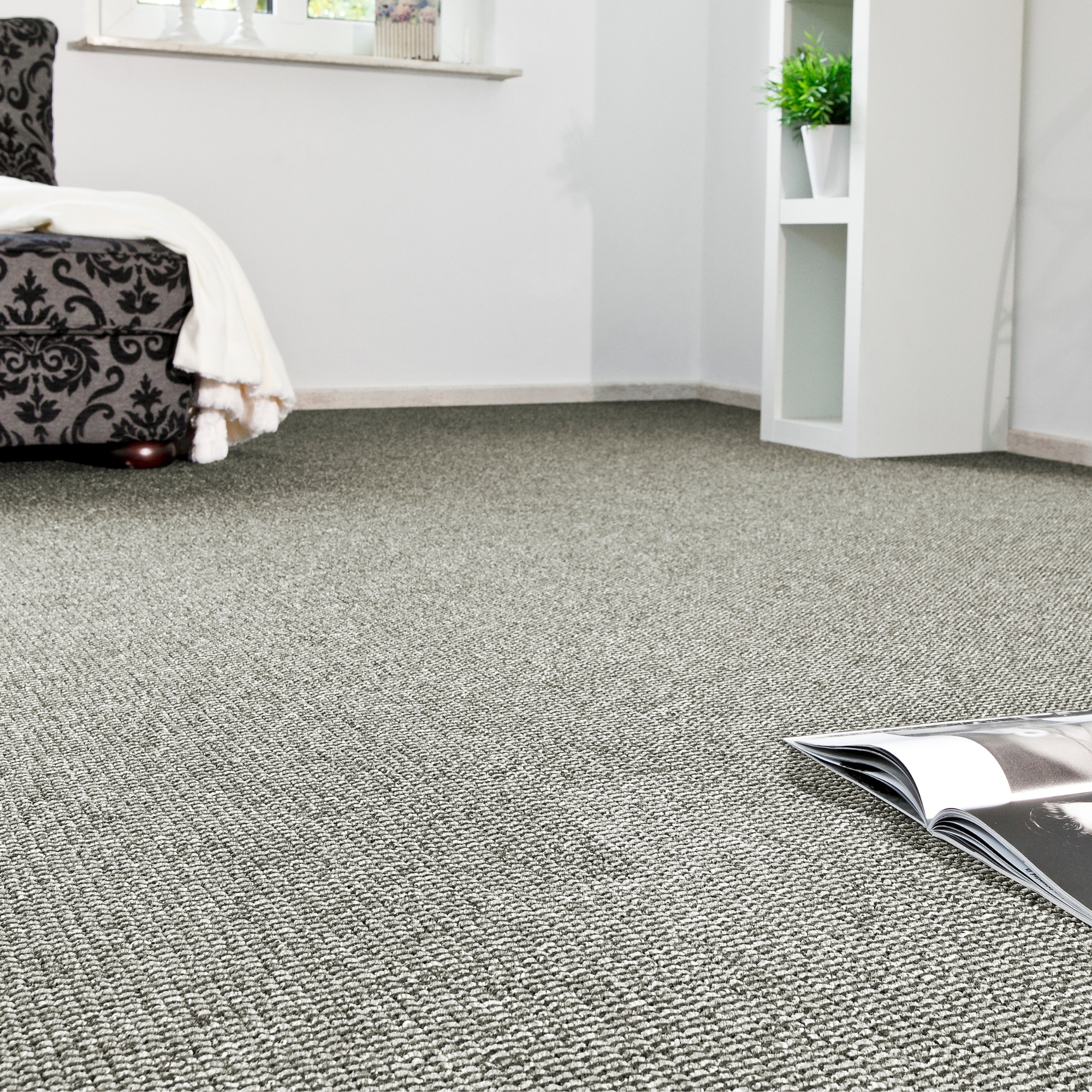 Teppichboden ANDIAMO "Joe, Schlinge, Made in Netherlands", grau (grau,beige), B:400cm H:8mm L:1.400cm, Kunstfaser, Teppiche, Breite 400 cm, meliert, Wohnzimmer, strapazierfähig & robust Image
