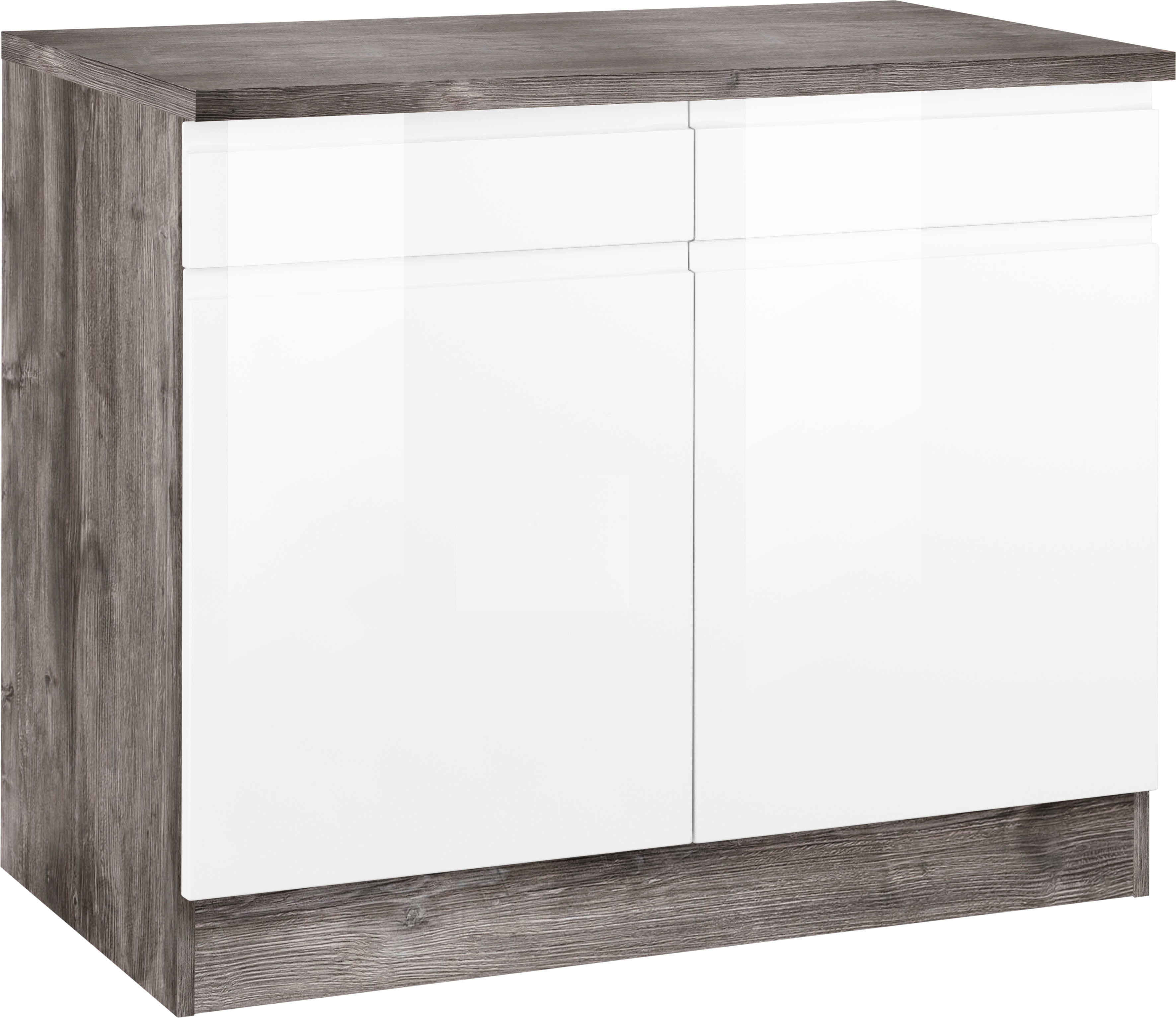 Unterschrank KOCHSTATION "KS-Virginia", weiß (weiß hochglanz, eiche vintage), B:100cm H:85cm T:60cm, Holzwerkstoff, MDF, Schränke, Küchenunterschrank Unterschrank, 100 cm breit, mit 2 Türen und 2 Schubkästen