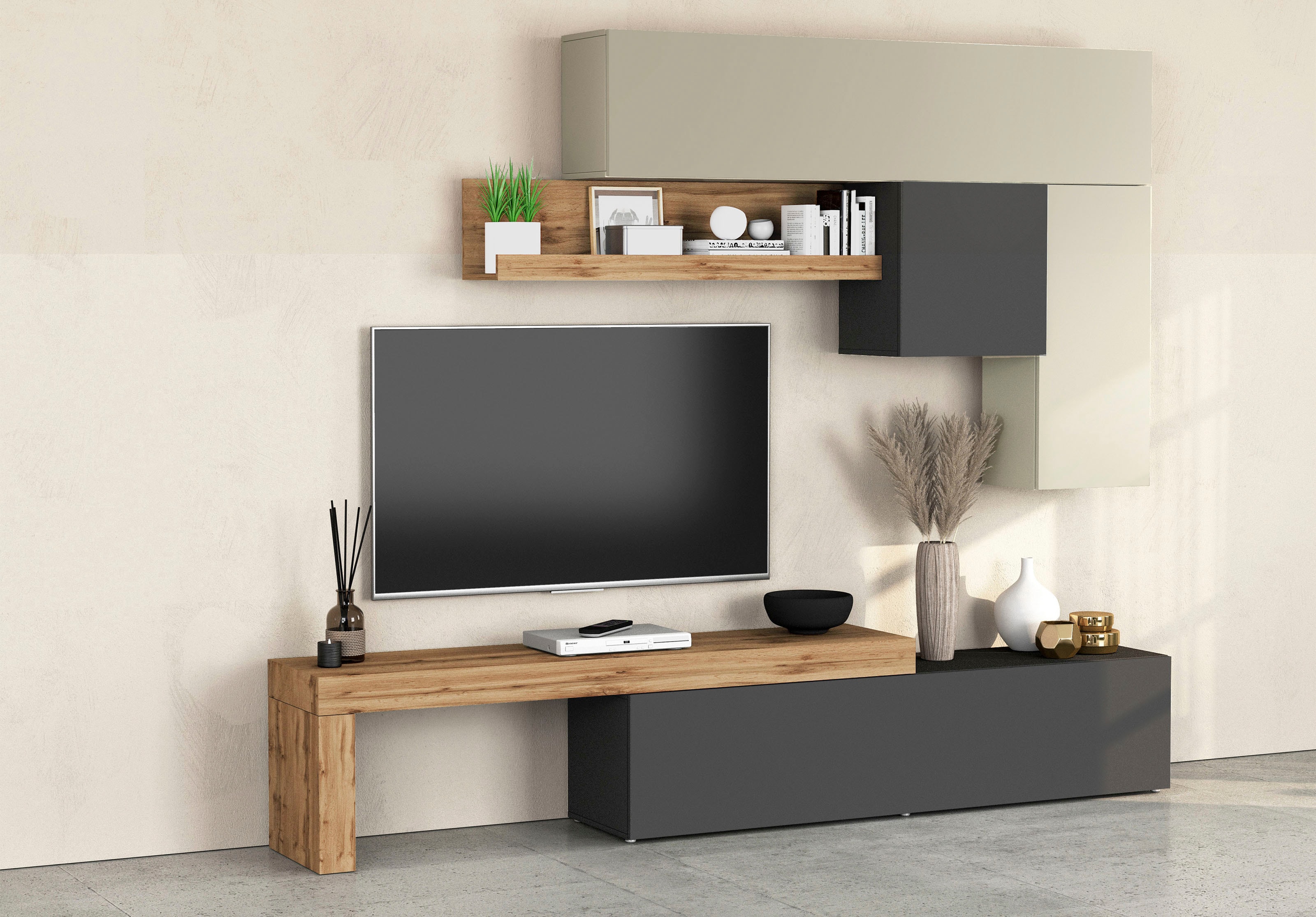 Wohnwand INOSIGN "Chronos Wohnwand, Medienwand, 5-er set", grau (anthrazit, taube, eiche wotan), Holzwerkstoff, Kastenmöbel-Sets, ca. 270 cm mit Hängeschränke, Würfel, Regal, Lowboard, Made in Italy