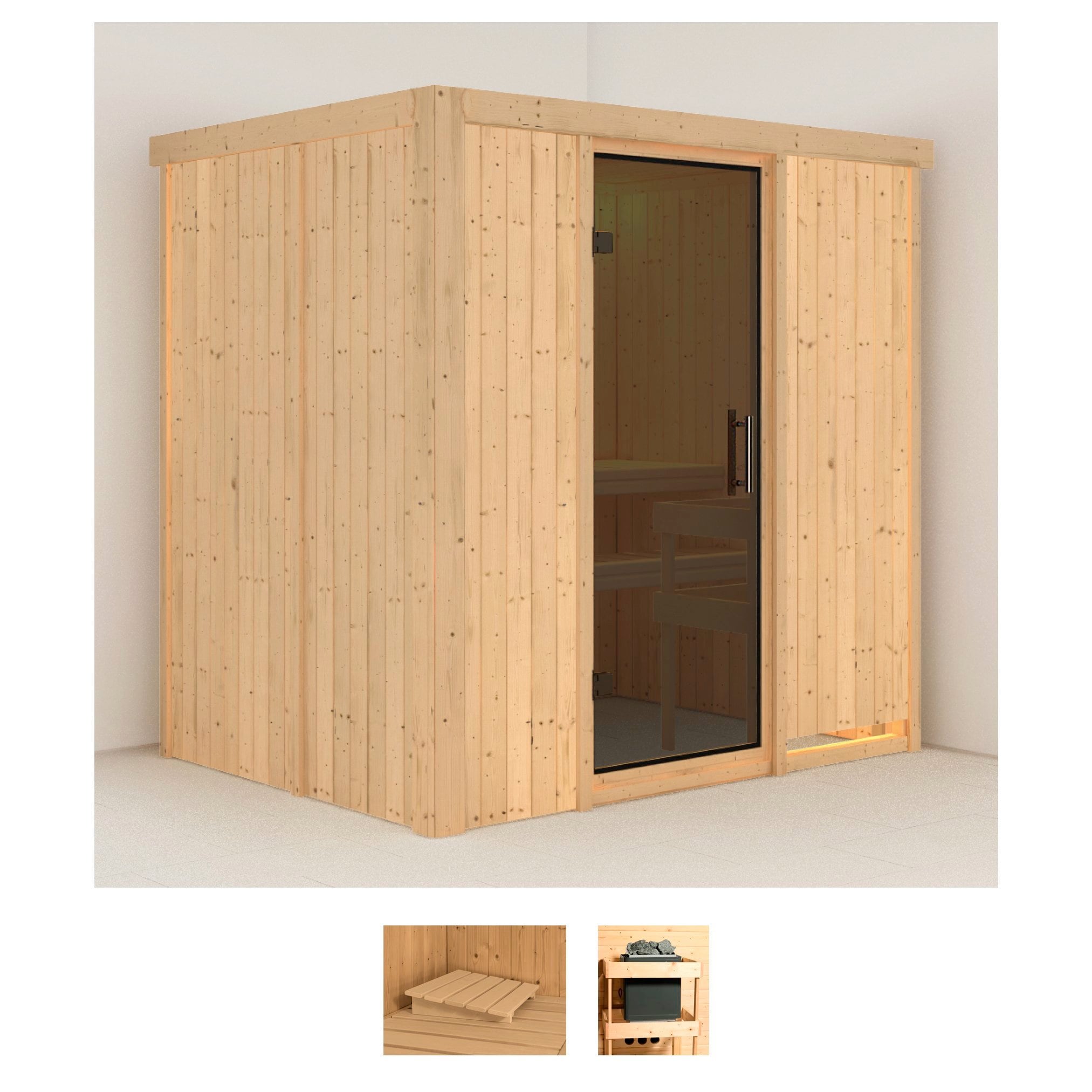 Sauna KARIBU "Finja", beige (naturbelassen), ohne Ofen, (ohne Ofen), Saunen, ohne Ofen