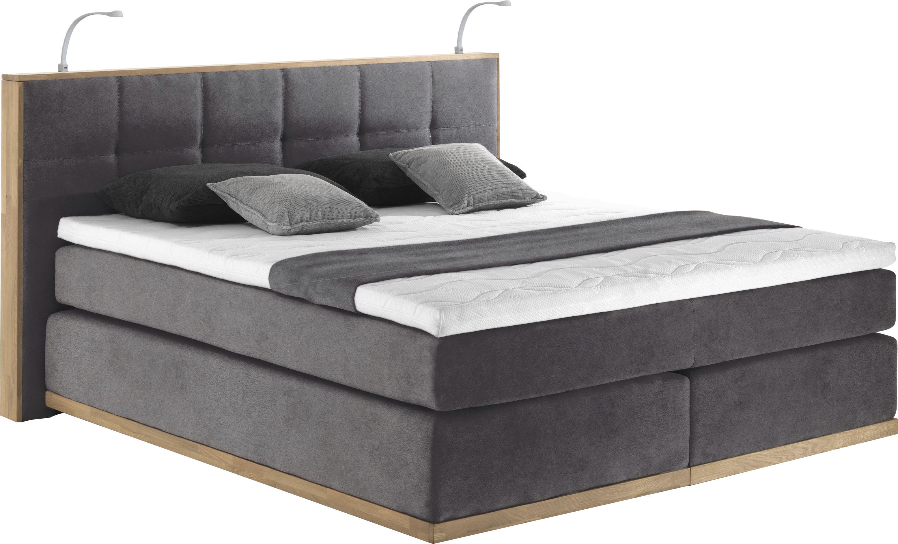Boxspringbett PLACES OF STYLE "Vinton", grau (charcoal), B:220cm L:213cm, Komplettbetten, Boxspringbett, aus Eiche, mit LED-Beleuchtung, verschiedene Härtegrade (auch H4) Image