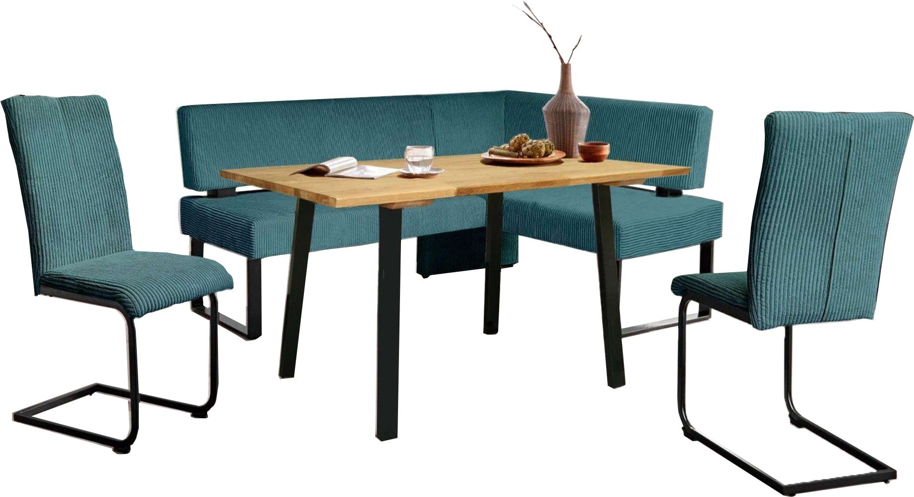 Eckbankgruppe HOME AFFAIRE "Oliver", blau (dreamblau, schwarz), B:200cm H:89cm T:160cm, FSC-zertifizierter Holzwerkstoff, FSC-zertifiziertes Massivholz, Metall, Polyester, Sitzmöbel-Sets, Eckbank mit Wellenunterfederung im Sitz, Tisch Massiv Eiche