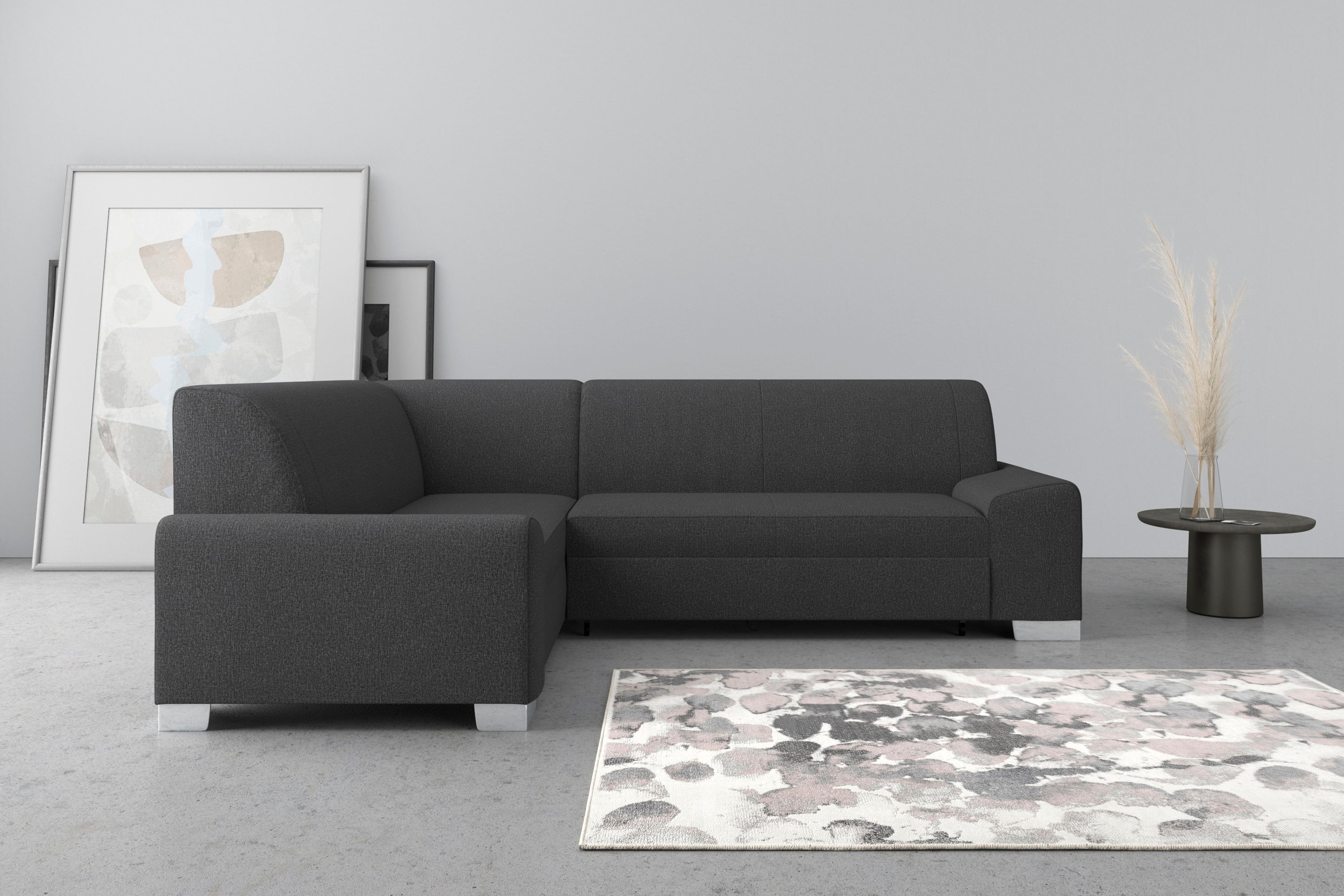 Ecksofa DOMO COLLECTION "Anzio in kubischer Formensprache, flache Armlehnen, L-Form", grau (anthratzit), B:259cm H:85cm T:191cm, Sofas, Ecksofa, Wahlweise mit Bettfunktion und Federkern für hohen Sitzkomfort Image