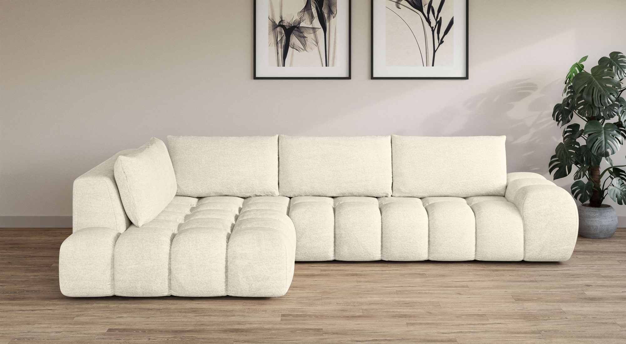 Ecksofa INOSIGN "AZITA klein, L-Form, elegant und bequem Designsofa in Bubble-Optik", beige (creme), B:296cm H:89cm T:176,5cm, 100% Polyester, Sofas, lose Rückenkissen, traumhafte Steppung, Maße B/T/H: 296/176,5/89 cm