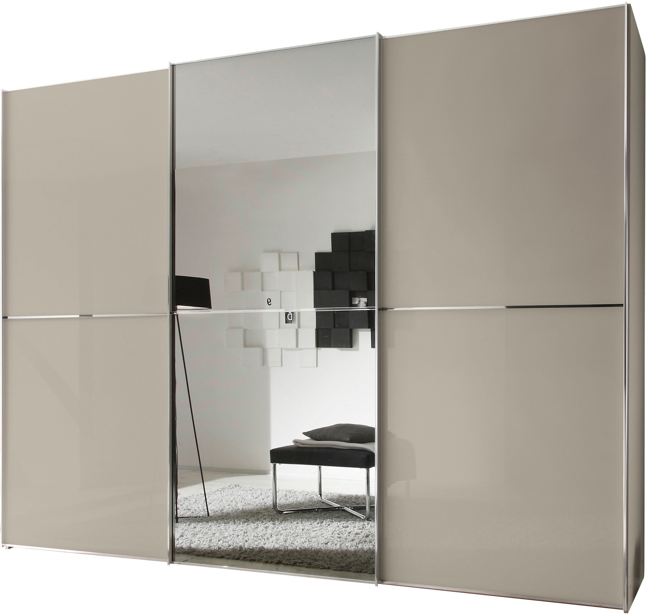 Schwebetürenschrank STAUD "Sinfonie Plus, edles Design in hochwertiger Qualität, Made in Germany", beige (sandglas), B:280cm H:240cm T:68cm, Holzwerkstoff, Schränke, Mit kombinierter Glas-Spiegel-Front, viele Varianten Image