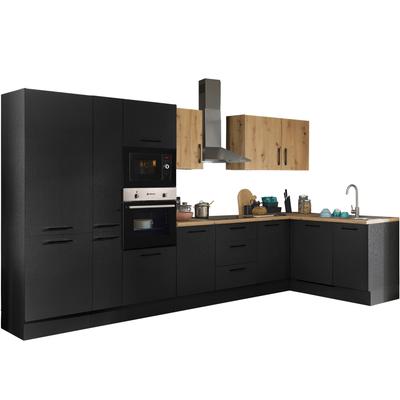 Winkelküche BASIC BY BALCULINA "Turin", schwarz (front: schwarz matt woodprint, artisan eichefarben, korpus: schwarz matt woodprint, arbeitsplatte: artisan eichefarben), B:370cm H:211cm T:60cm, Komplettküchen-Sets, Küchenzeile, Stellbreite 370x175... Image