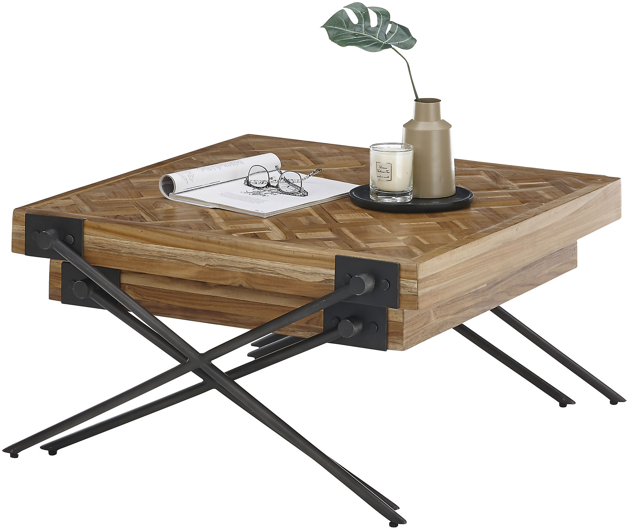 Couchtisch STOLKOM "AKONI", schwarz (schwarz, anthrazit, teak), Tische, Couchtisch Eckige Couchtische Holz-Couchtische, 2-er Set Massivholz Teak recycelt mit Muster