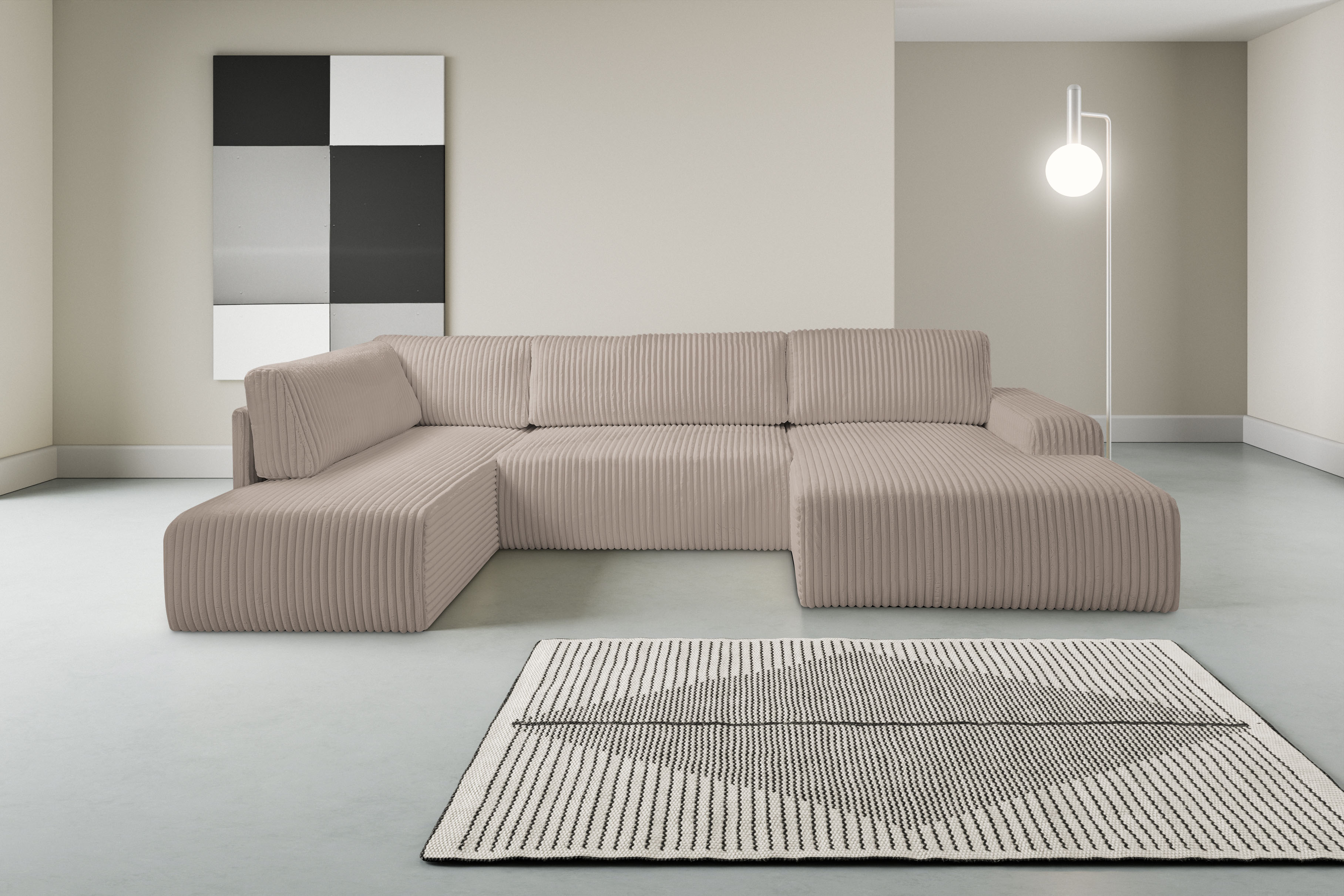 Wohnlandschaft WERK2 "Rotterdam-U, U-Form, in kuschelweichem Cord oder Breitcord", grau (taupe), B:325cm H:85cm T:190cm, 100% Polyester, Sofas, Design Sofa mit Schlaffunktion & Bettkasten, Breitcord, Taupe