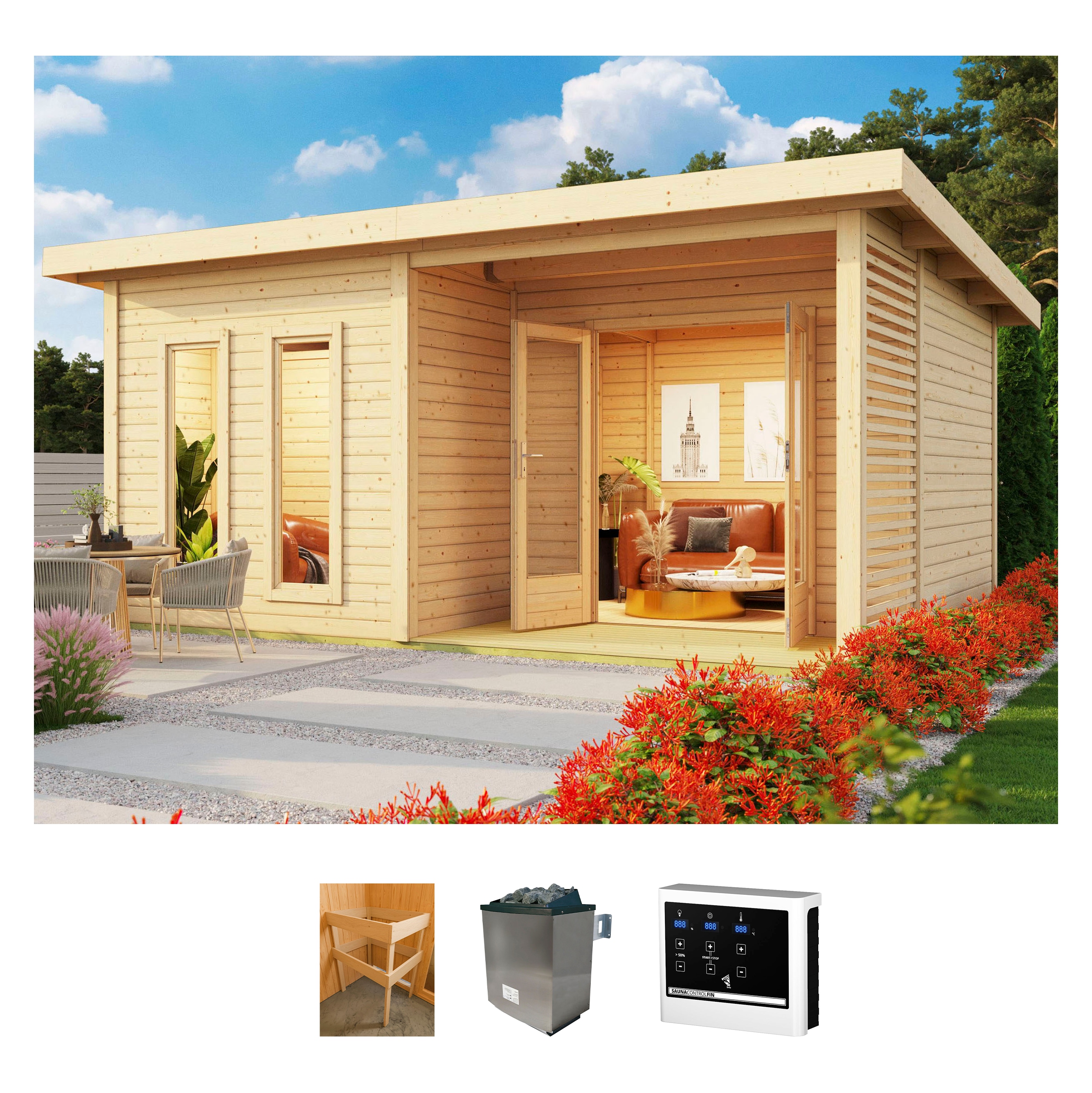 Saunahaus KONIFERA "Maiko 5 SET A", beige (natur), Saunaofen, externe Steuerung, 9 kW, Saunen, naturbelassen, mit Ofen 9 kW ext.Steuerung Image