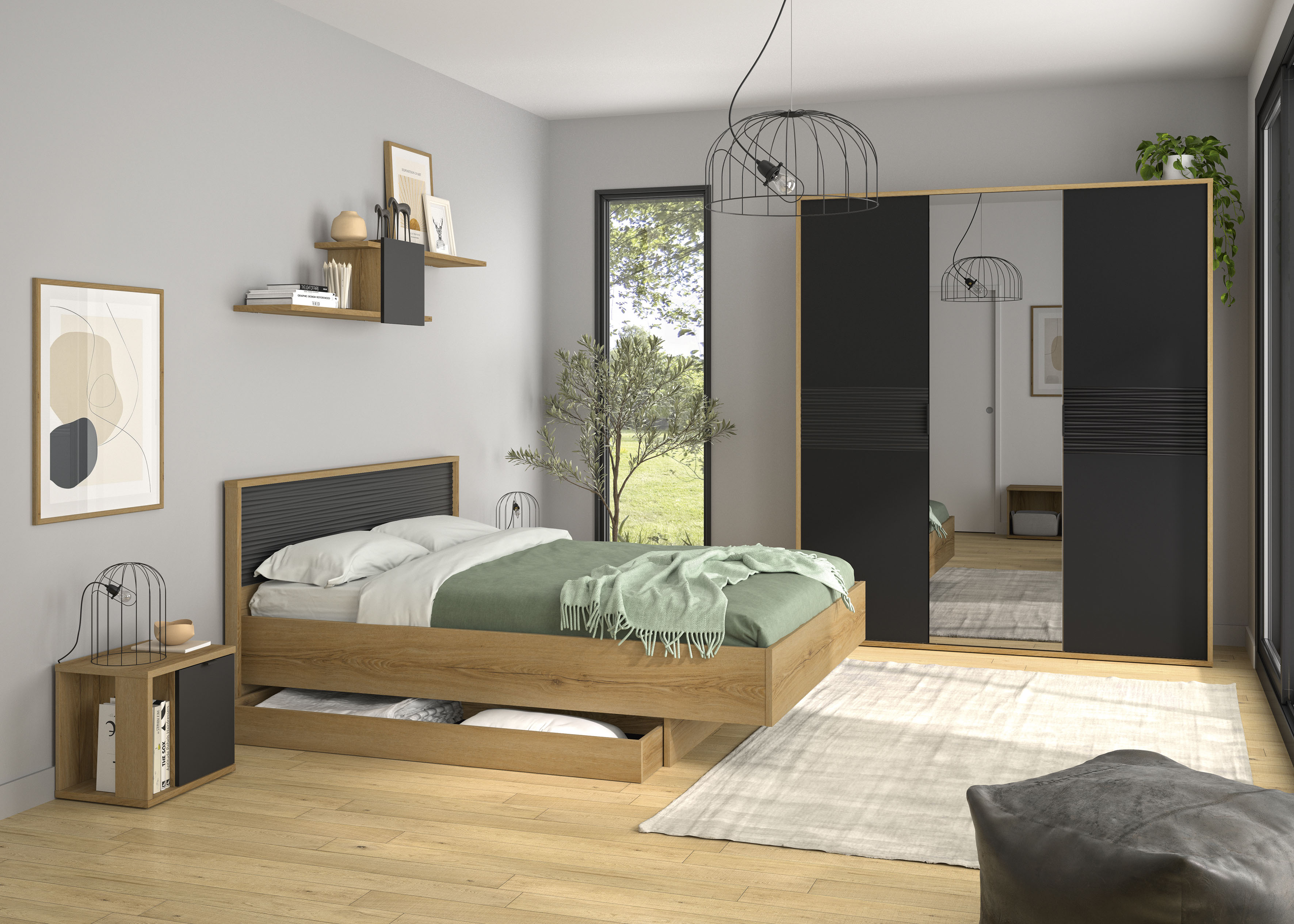 Schlafzimmer-Set GAMI "OTELLO SET", schwarz (braun), Eiche Helvezia Nachbildung / Schwarzmat + ohne Matratze, B/H: 180cm x 200cm, Eiche Helvezia Nachbildung / Schwarzmat, Spanplatte, Schlafzimmermöbel-Sets, Set vollständiger Möbel zur Gestaltung...