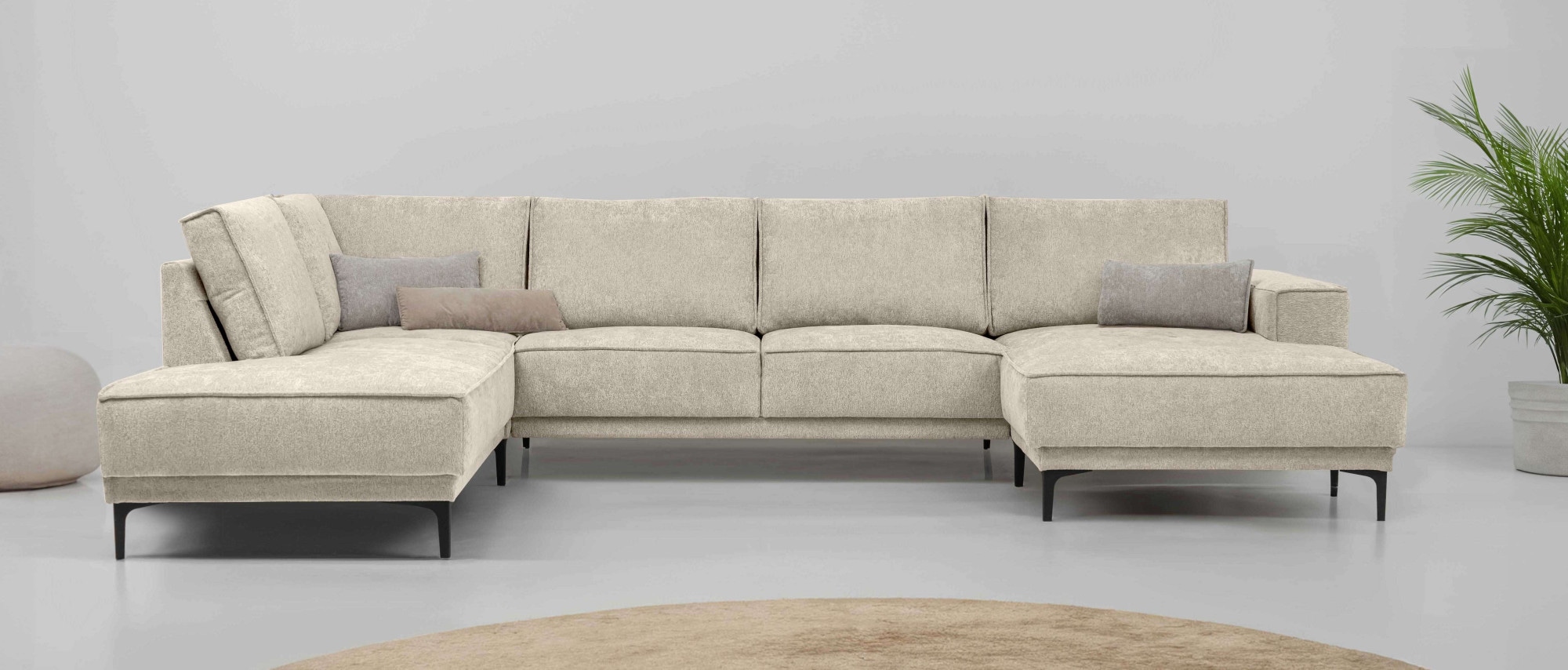 Wohnlandschaft OTTO HOME "XXL Sofa Oland, Struktur, Flachgewebe, Luxus-Microfaser, Boucle", beige, B:345cm H:85cm T:210cm, 100% Polyester, Sofas, Wohnlandschaft, U-Form, 345 cm, Wellenunterfederung, Skandi-Design, Metallfüße